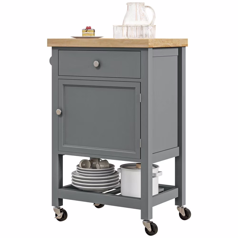 Topcobe Kitchen Island on Wheels, Rolling Kitchen Cart with Rubberwood Top, Drawer, Wine Rack and Cabinet, Modern Furniture, Kitchen Island Carts for Indoor, Gray