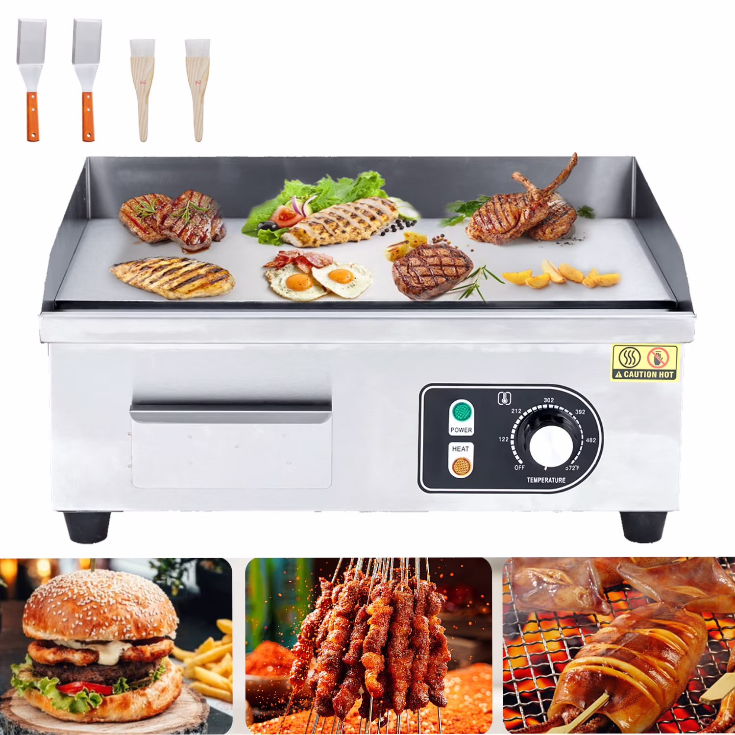 Garvee Commercial Electric Grill,14-Inch Countertop Non-Stick Teppanyaki Flat Grill with Oil Brush & Shovel,Adjustable Temperature,Silver