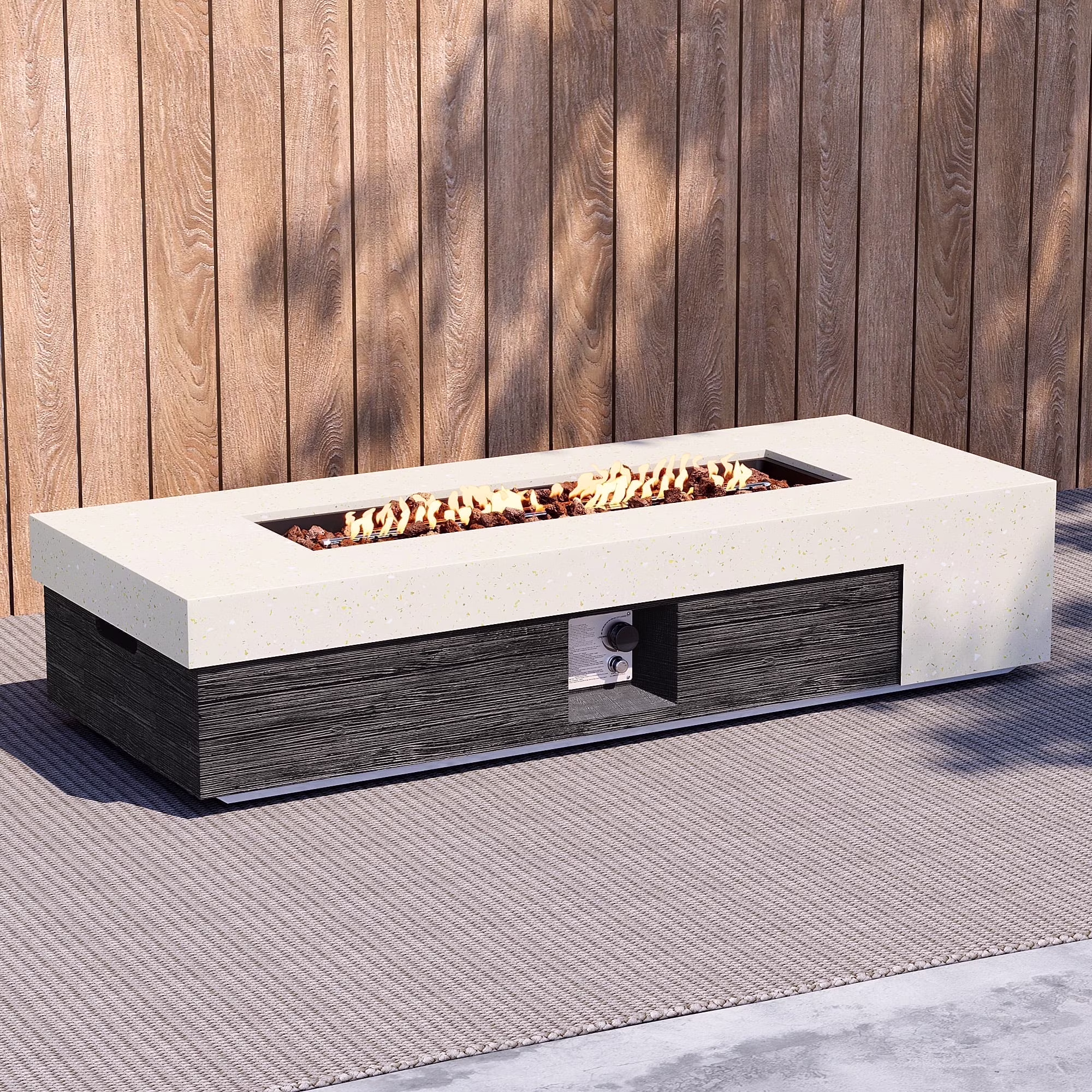 COSIEST 56" Rectangle Dual-Texture Concrete Fire Pit Table with Cover & Lava Rocks​​
