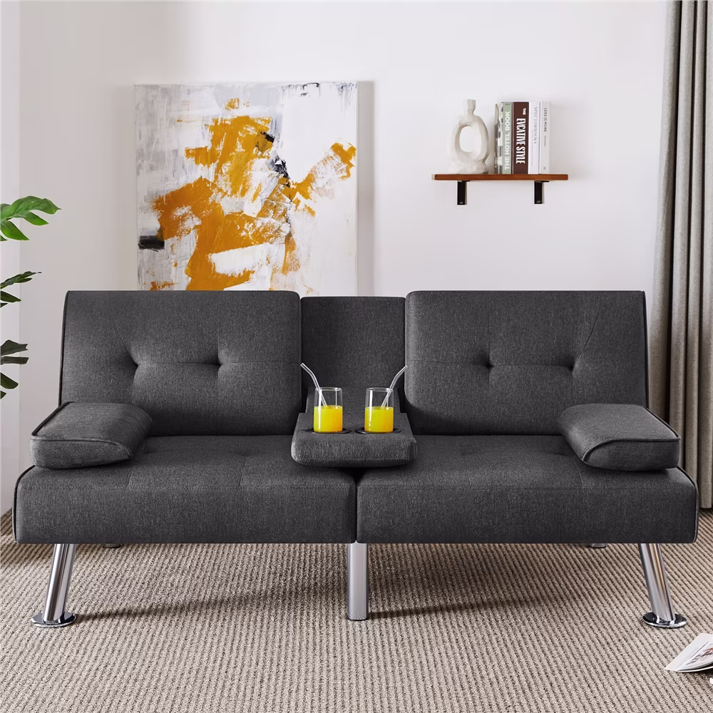 Renwick Fabric Upholstered Convertible Futon Sofa Bed with Cup Holders and Pillows, Dark Gray
