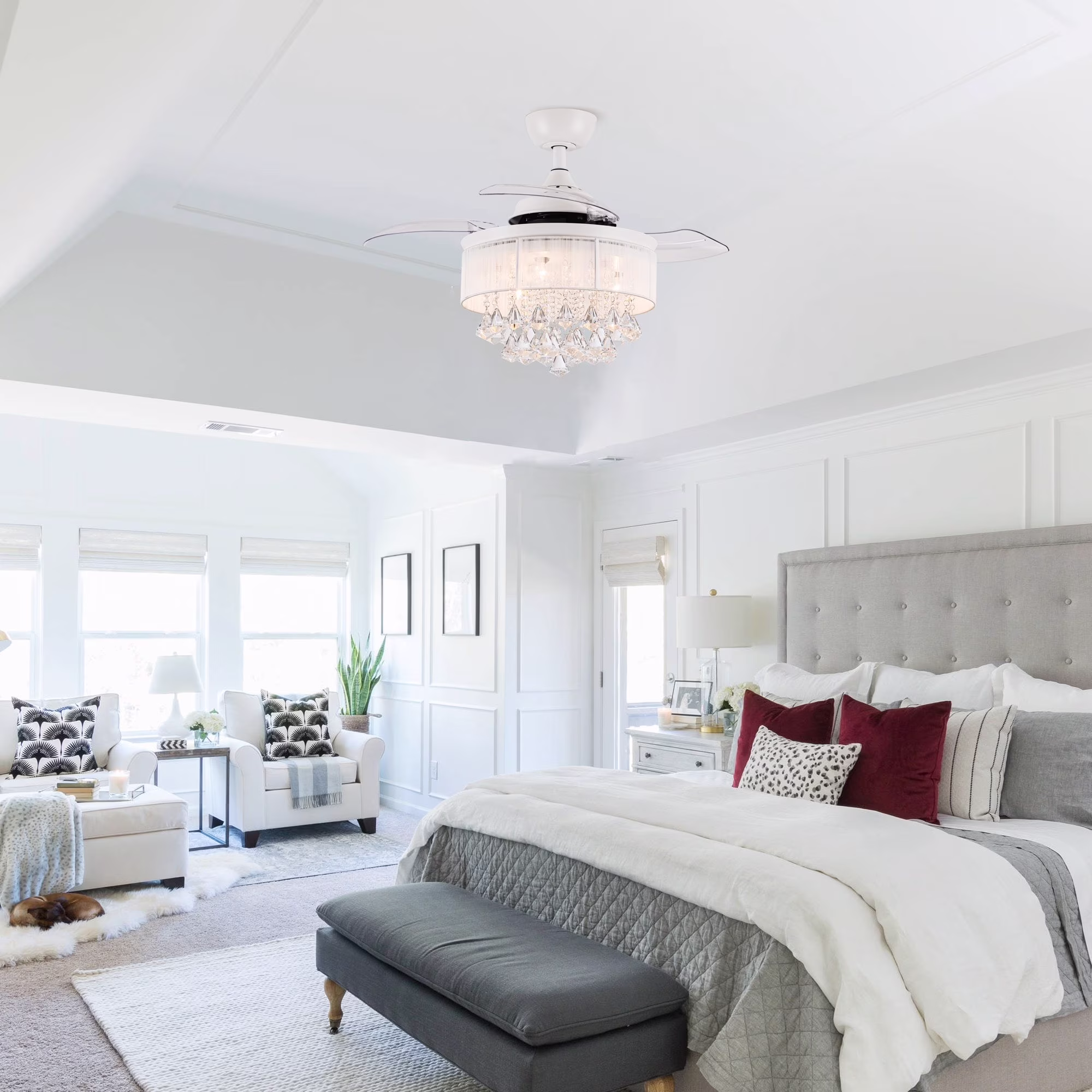 Parrot Uncle 36" Modern Crystal Chandelier 3-Blade Ceiling Fan with Remote White N/A Satin
