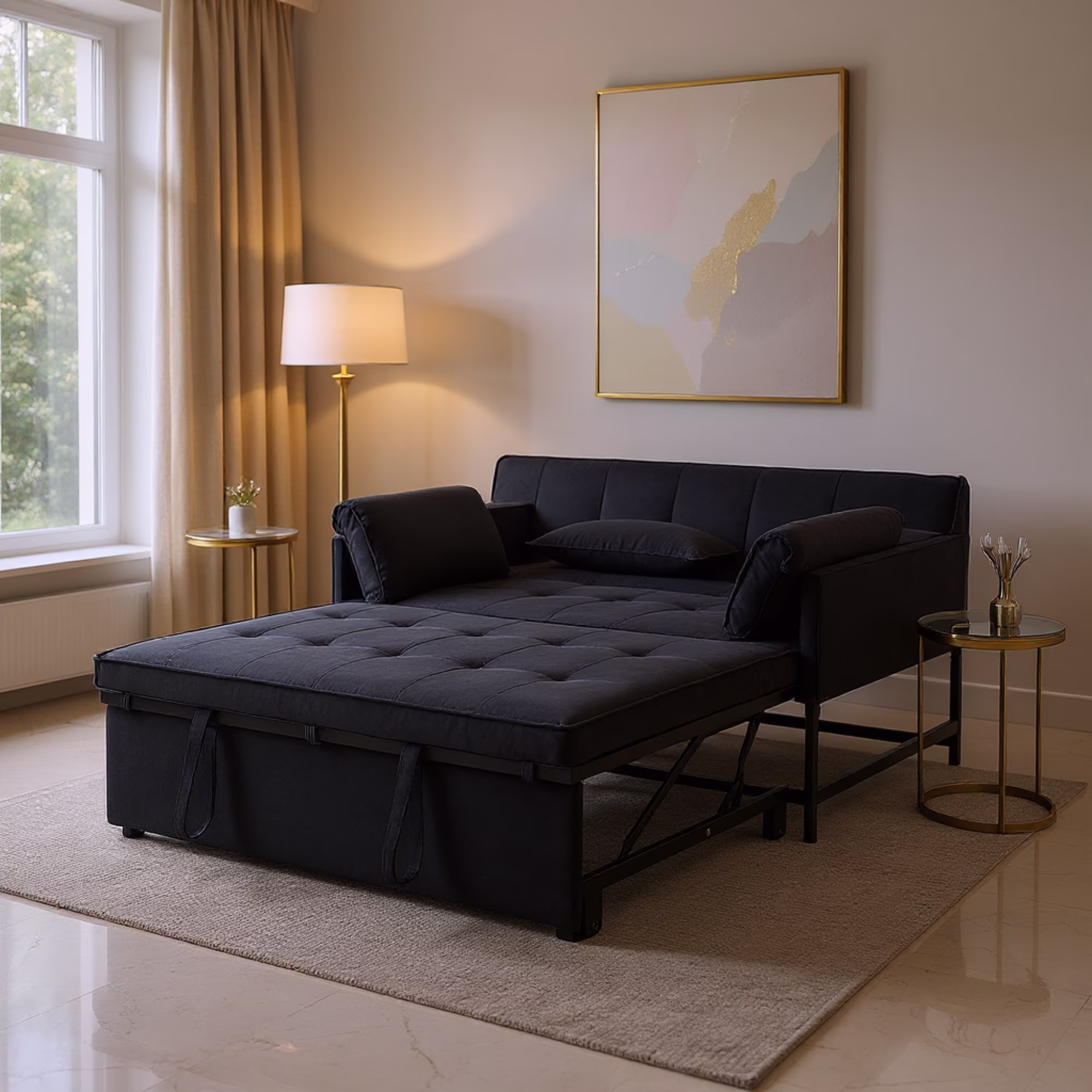 Gewnee 46" Velvet Sleeper Sofa Reclining Convertible Futon Couch Bed for Living Room, Guest & Small Spaces(Black)