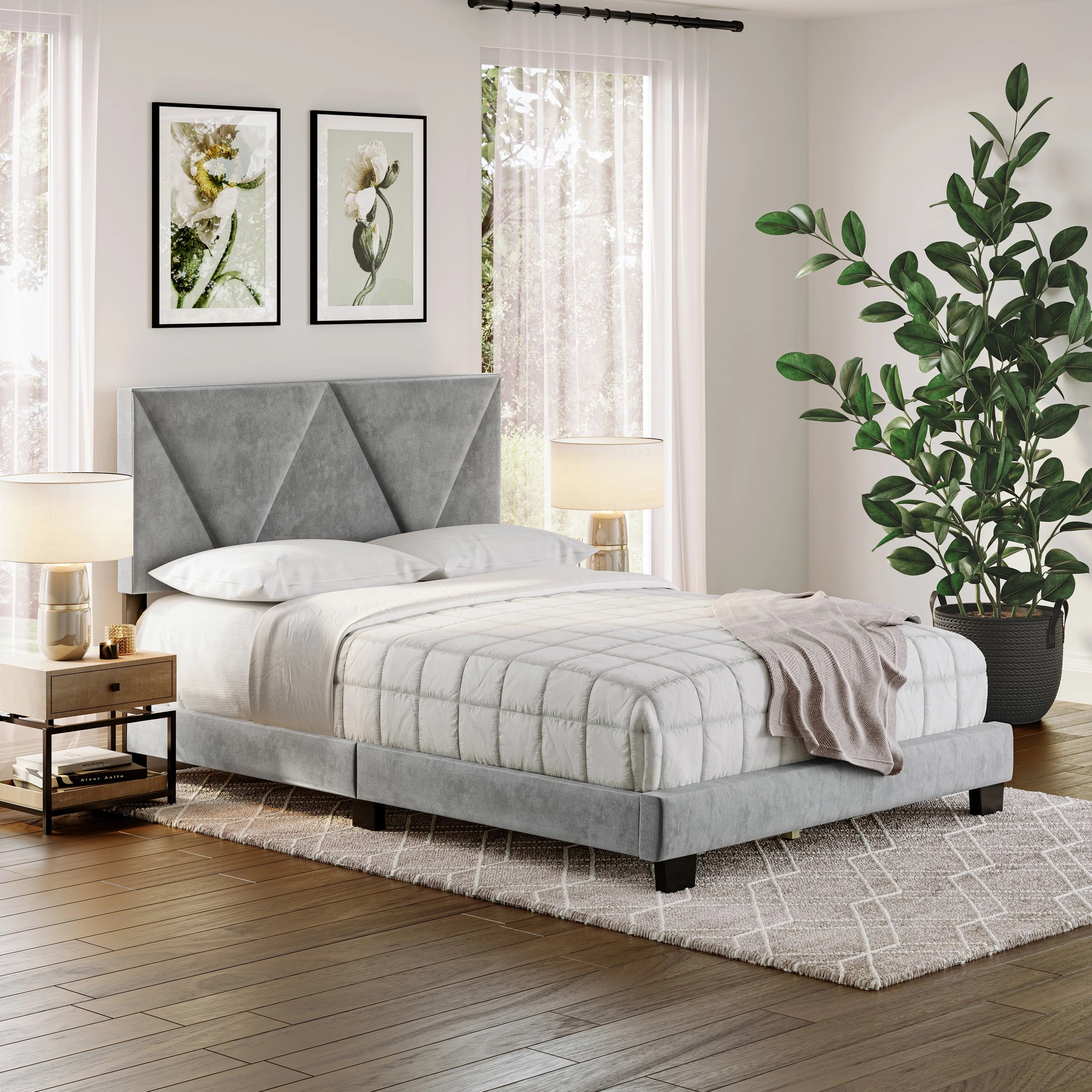Boyd Sleep Vector Velvet Upholstered Platform Bed, Gray, Queen