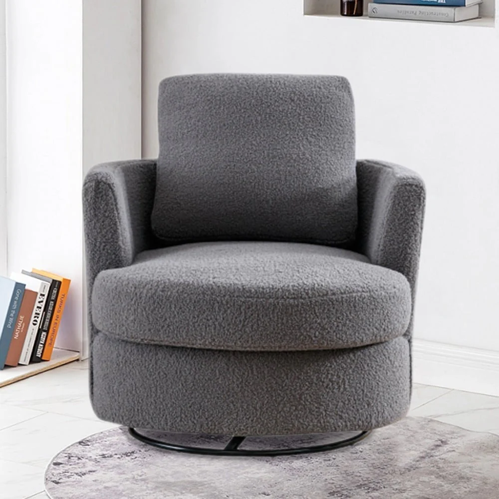 CCBUY 31.9"W Swivel Barrel Chair, Swivel Accent Chair Sherpa Chair with Plump Pillow, Comfy Round Accent Chair for Living Room, Swivel Round Chair with Detachable Cushion, Gray