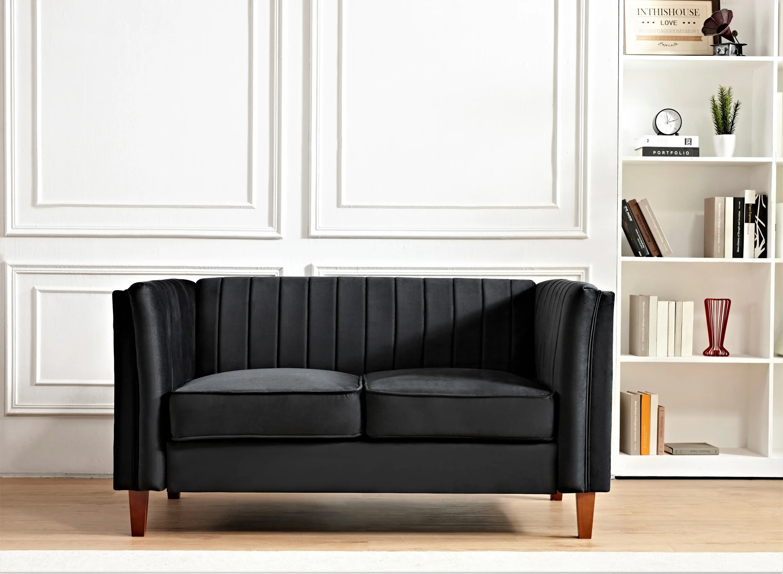 Uspridefurniture Plainfield Line Tufted Square Velvet Loveseat,Black