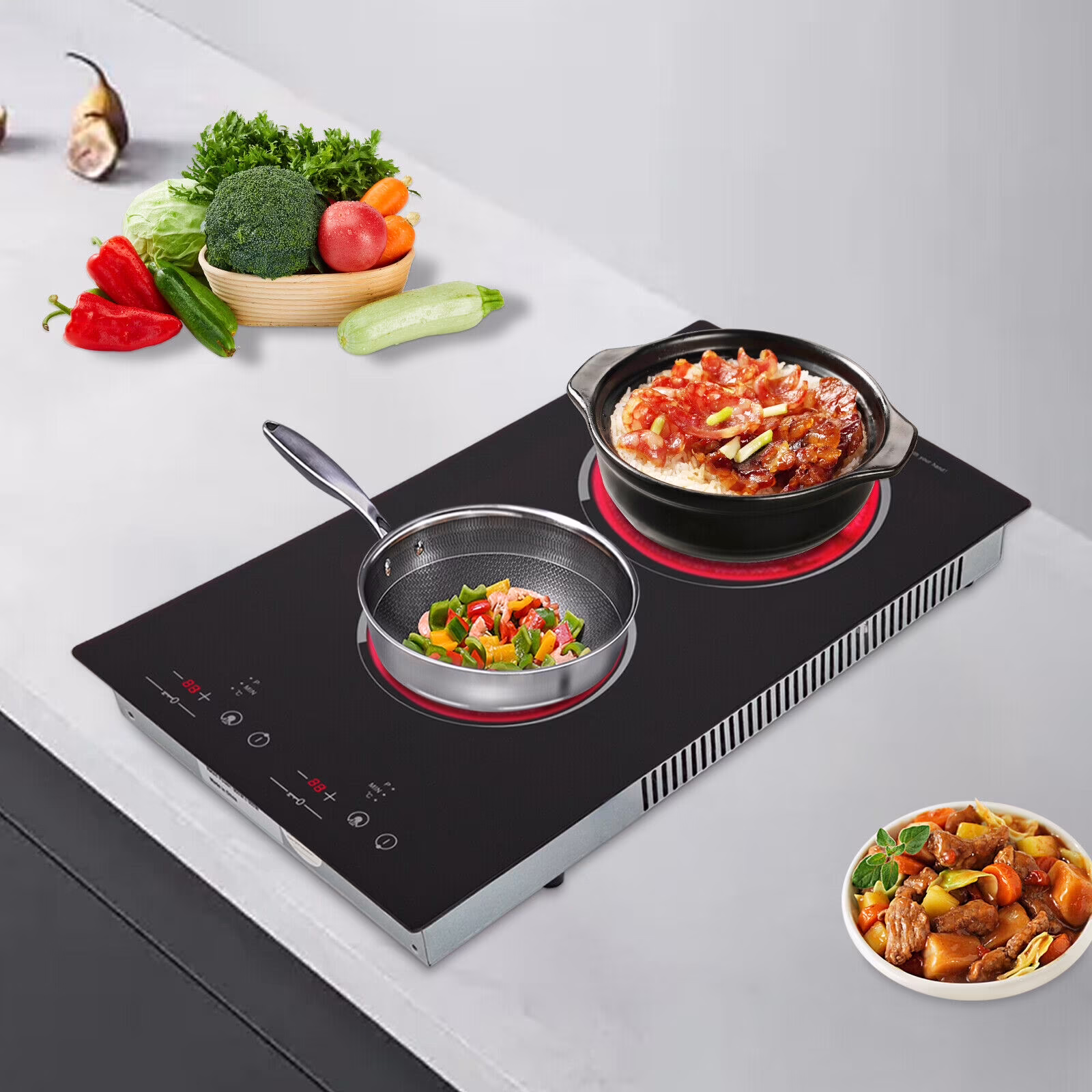 Miumaeov Commercial Electric Ceramic Cooktop 2 Burners Cooking Stove Touch Control Cooker 1500W 140-482?��F
