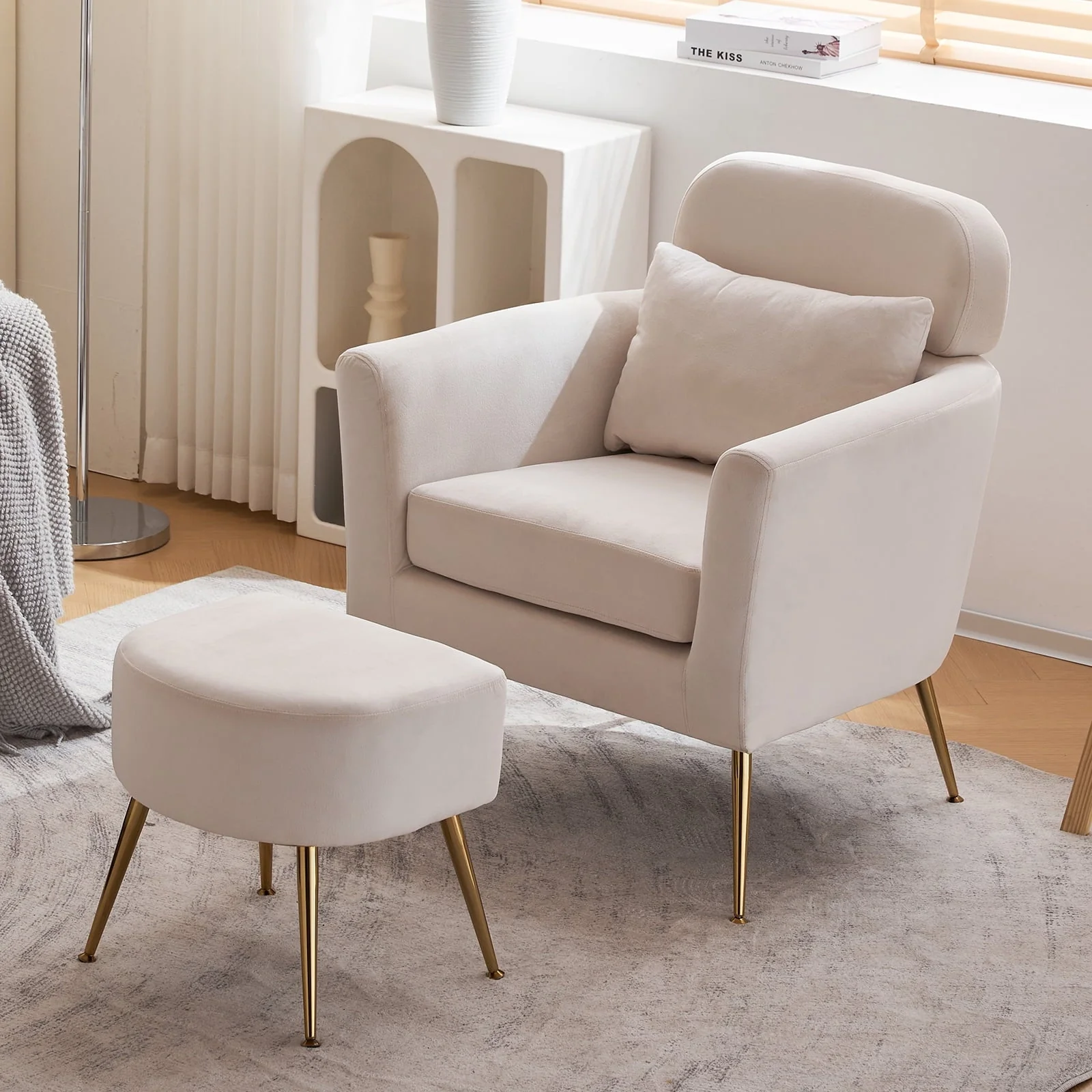 Ktaxon Accent Chair with Ottoman Set, Flannel Upholstered Single Sofa with Lumber Pillow Armchair with Armrests and Footrest for Bedroom Living Reading Room Office Beige