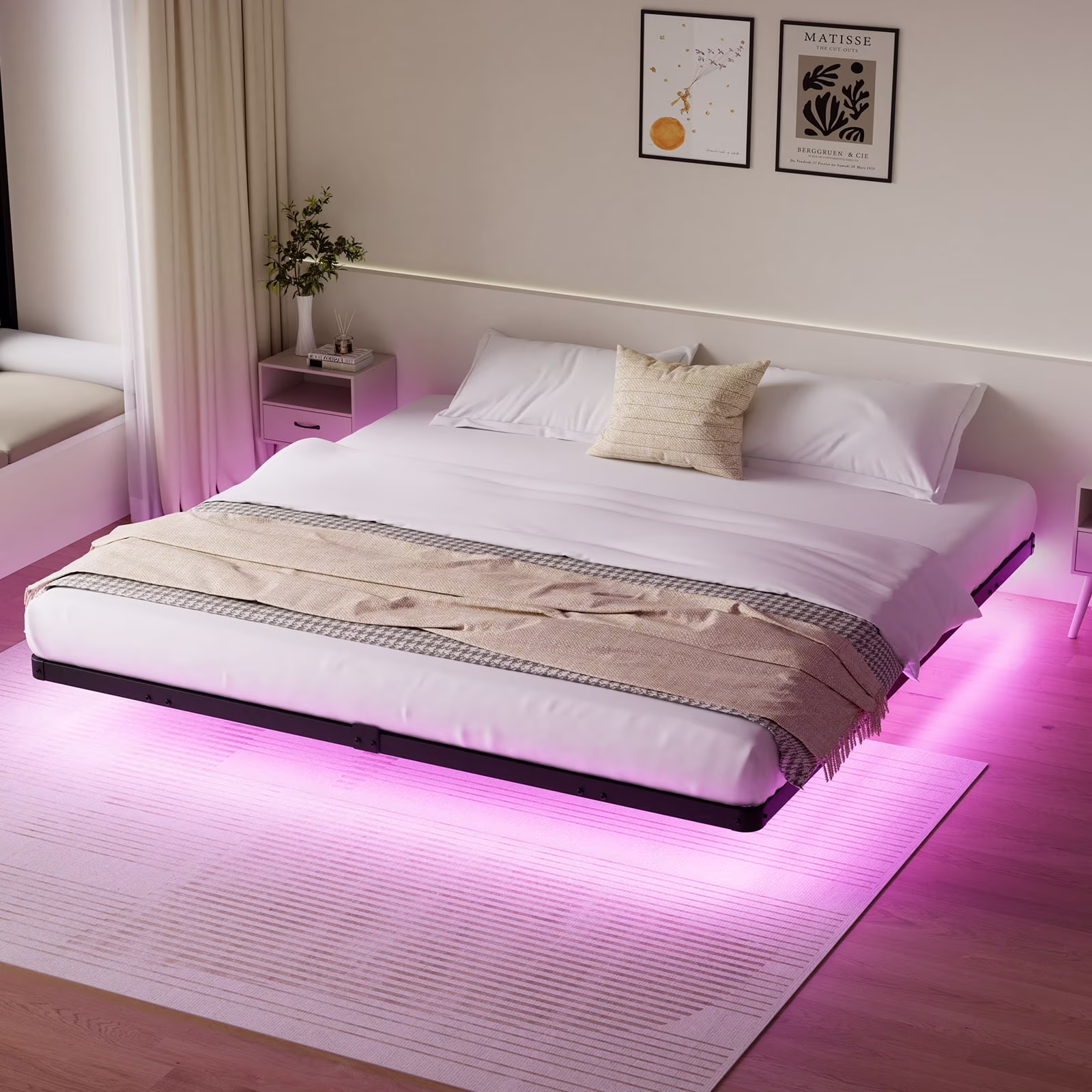 Lusimo King Size Floating Bed Frame with LED Lights Bed Storage Metal Platform Bed Frames with Steel Slat Support Anti-Slip Easy Assembly, Black