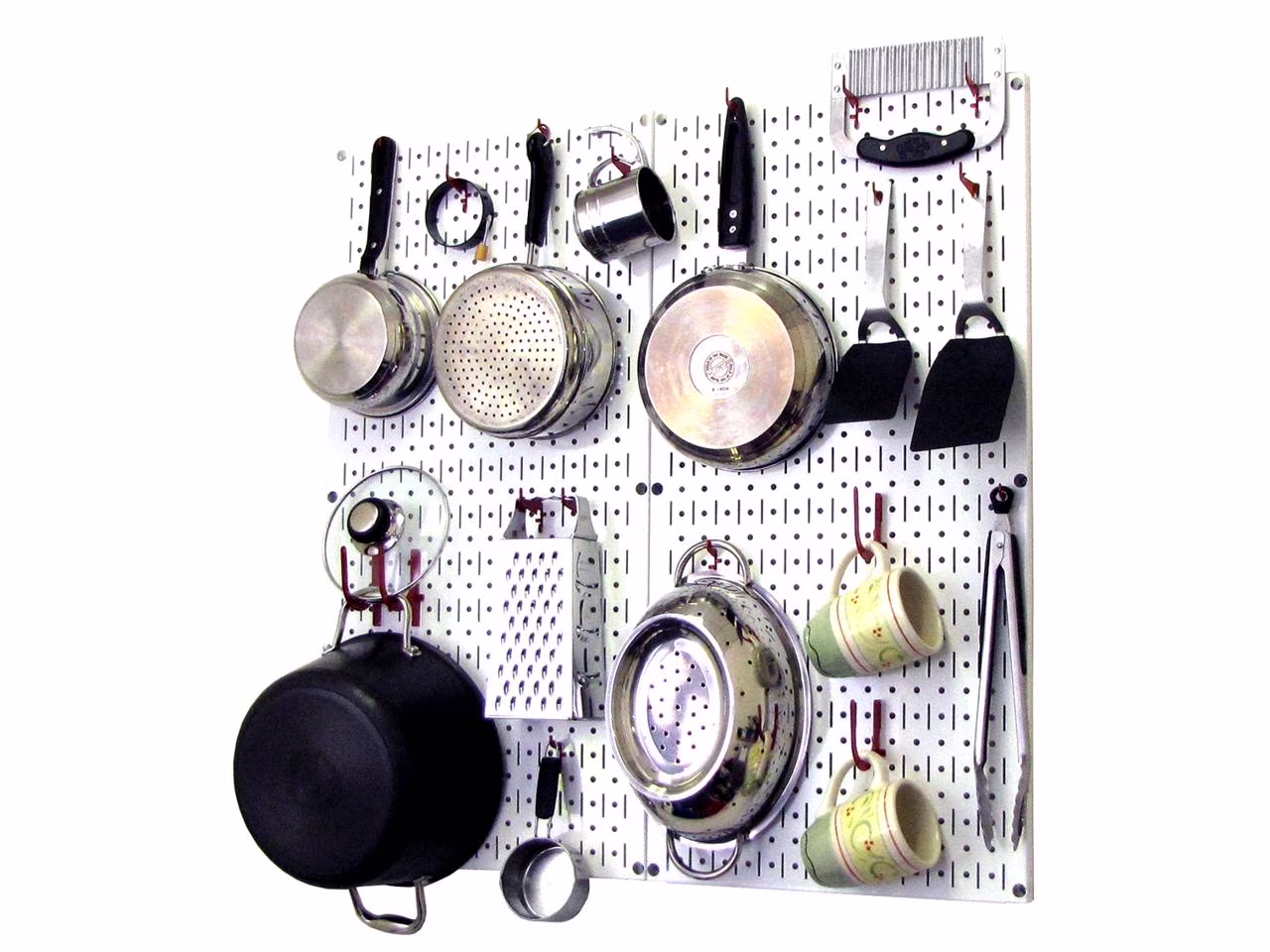 Wall Control Kitchen Pegboard Organizer Pots and Pans Pegboard Pack Storage and Organization Kit with White Pegboard and Red Accessories
