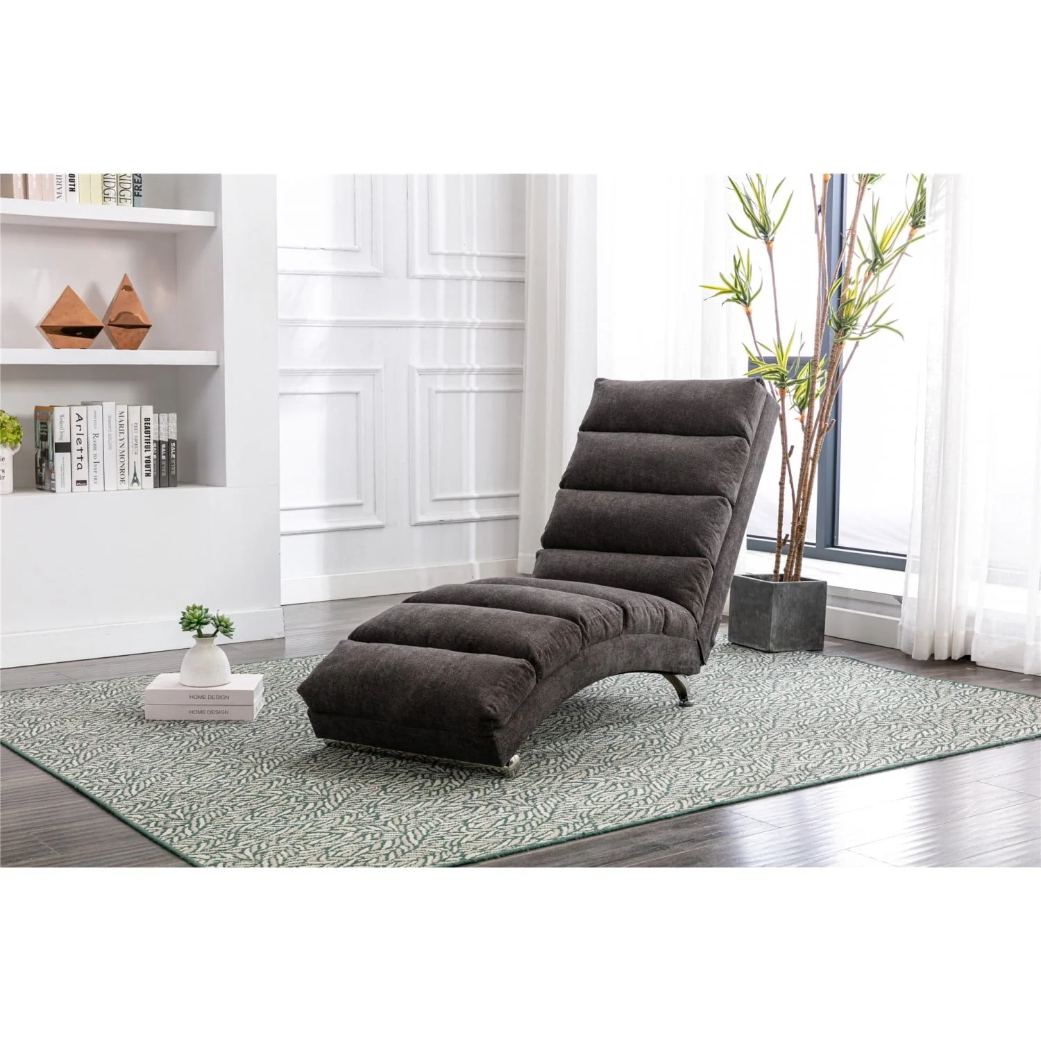Dark Gray Modern Long Lounger - Linen Chaise Lounge for Living Room or Office, Polyester Upholstery with Foam Filling, Solid Plywood Frame & Chrome-plated Metal Legs, Relaxing and Comfortable Design