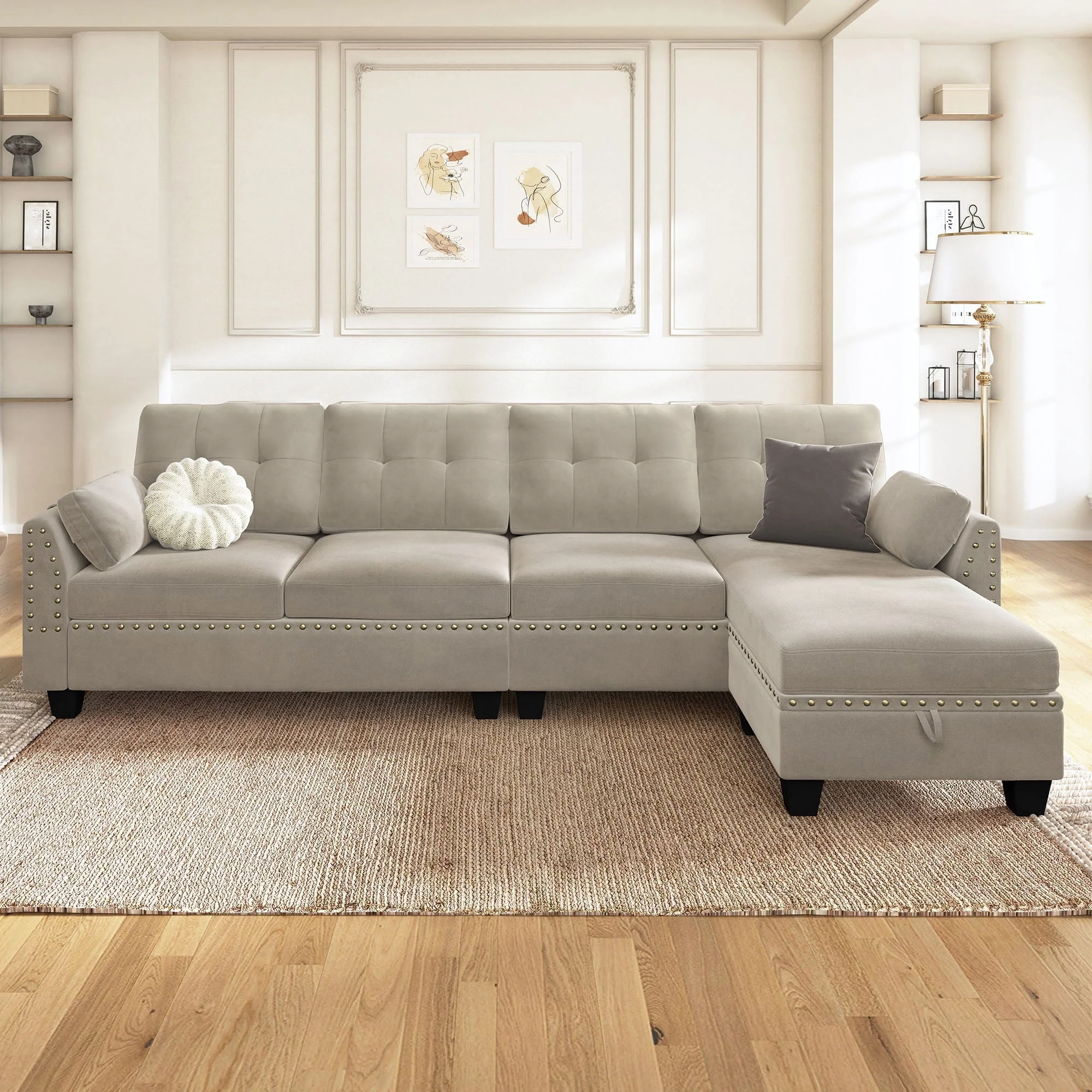 HONBAY Velvet Convertible Sectional Sofa L Shaped Couch with Storage Ottoman Reversible Sectional Couch Sofa for Small Space,Light Grey