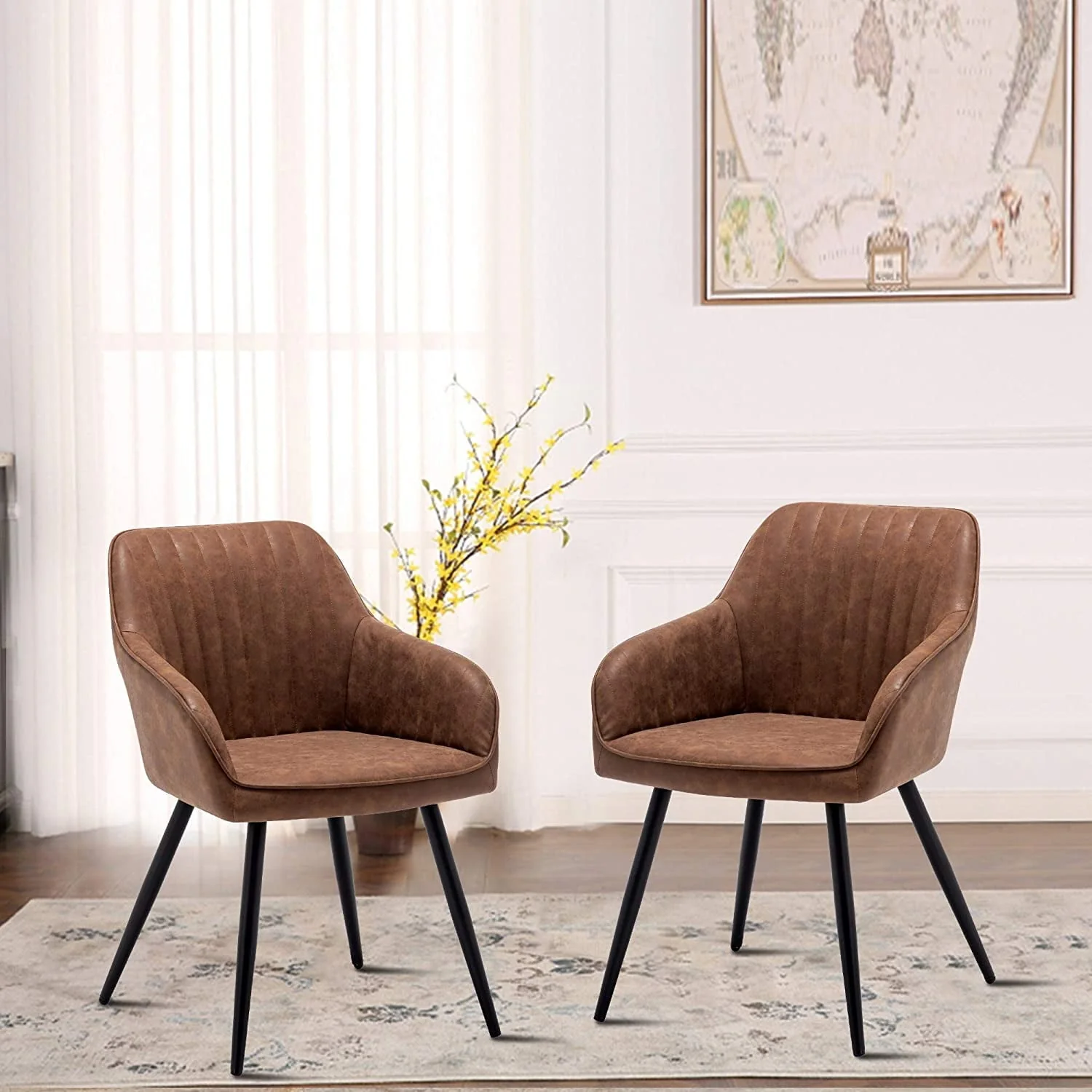 Andeworld Faux Leather Accent Chairs Set of 2, Living Dining Room Arm Chairs with Metal Legs for Home Kitchen Office Bistro Cafe(Brown)