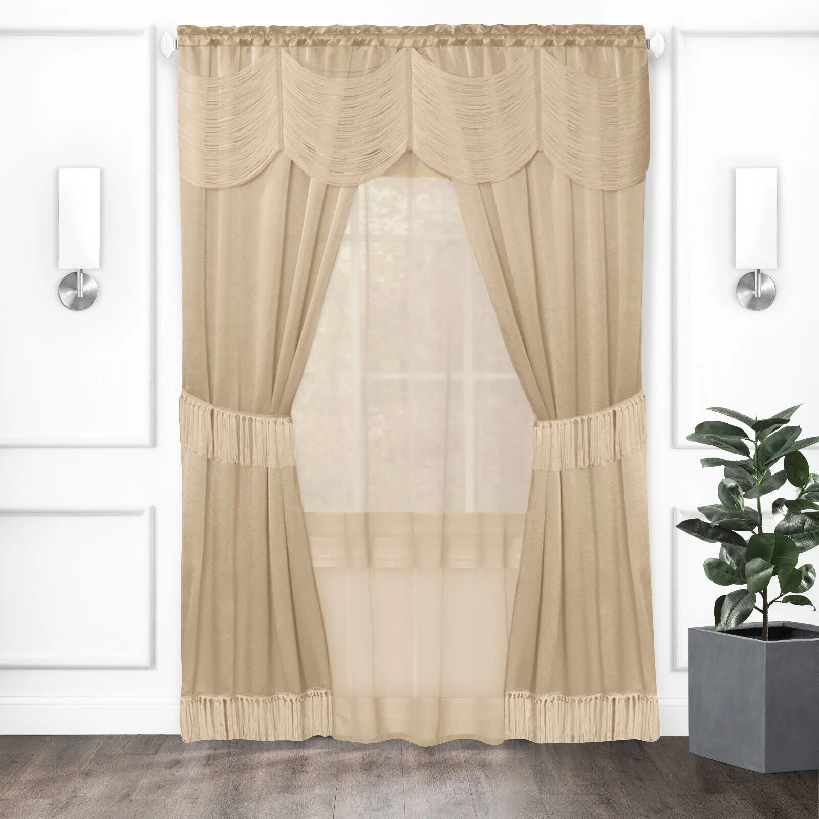 Kate Aurora Satin Chic Complete Attached Window Curtain, Tiebacks & Valance Set - Taupe, 63 in. Long