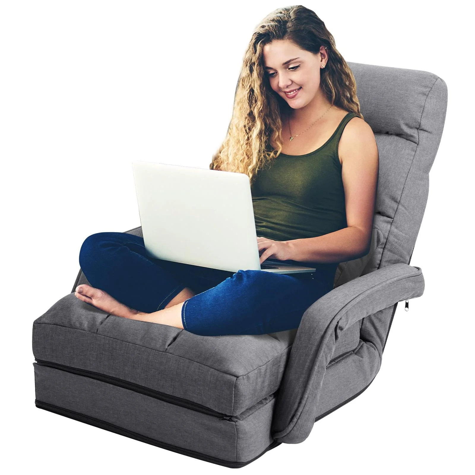 Indoor Chaise Lounge Sofa, Folding Lazy Sofa Floor Chair w/Adjustable Backrest Lumbar Pillow, Lounger Bed with Armrests (Grey)