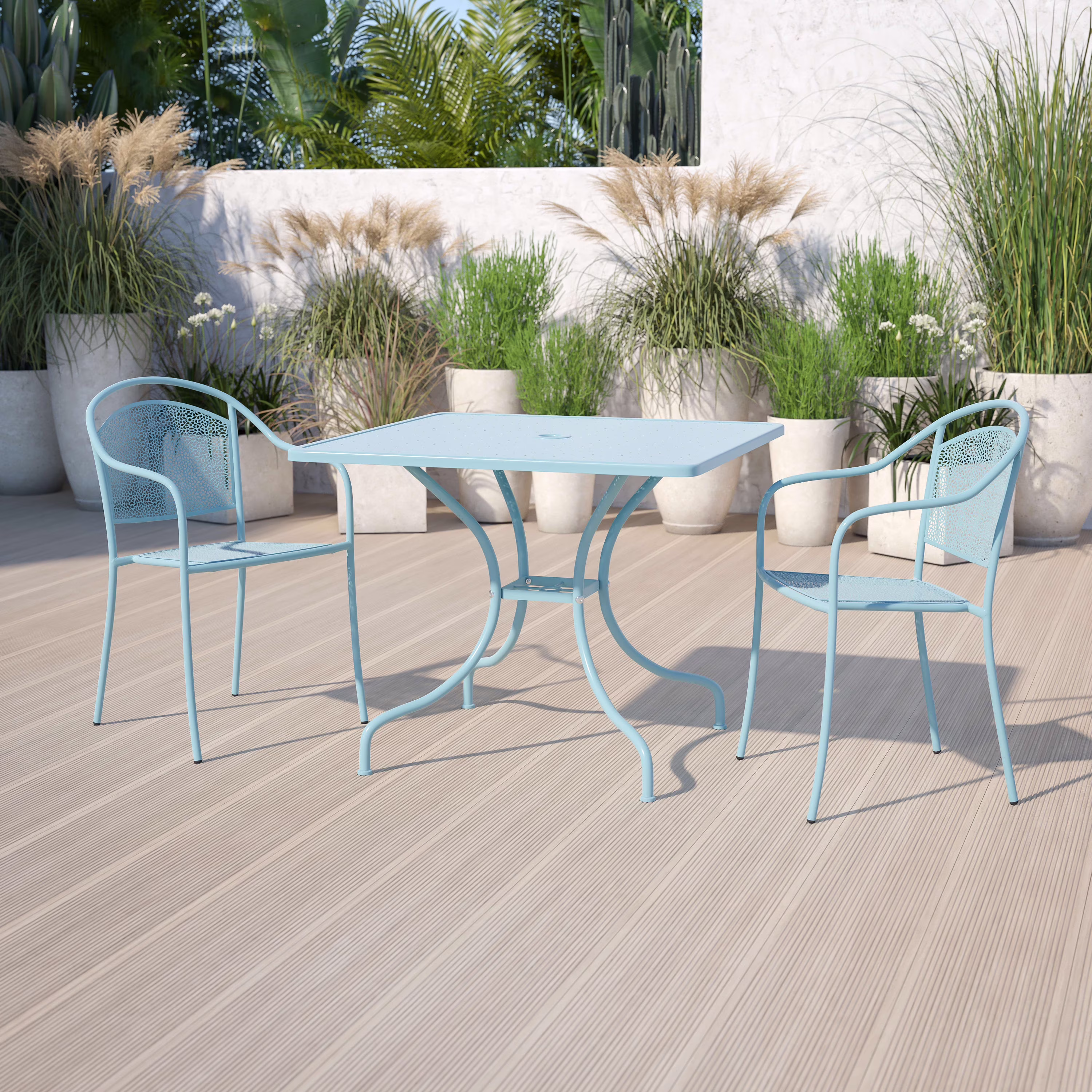 BizChair Commercial Grade 35.5" Square Sky Blue Indoor-Outdoor Steel Patio Table with Umbrella Hole