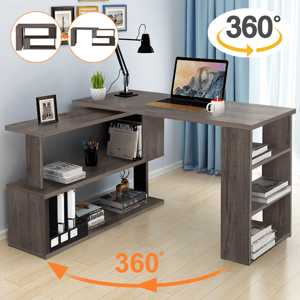 Hoffree 360 Degree Rotating Computer Desk L Shaped Corner Desk with Storage Shelf Office Home Study Workstation