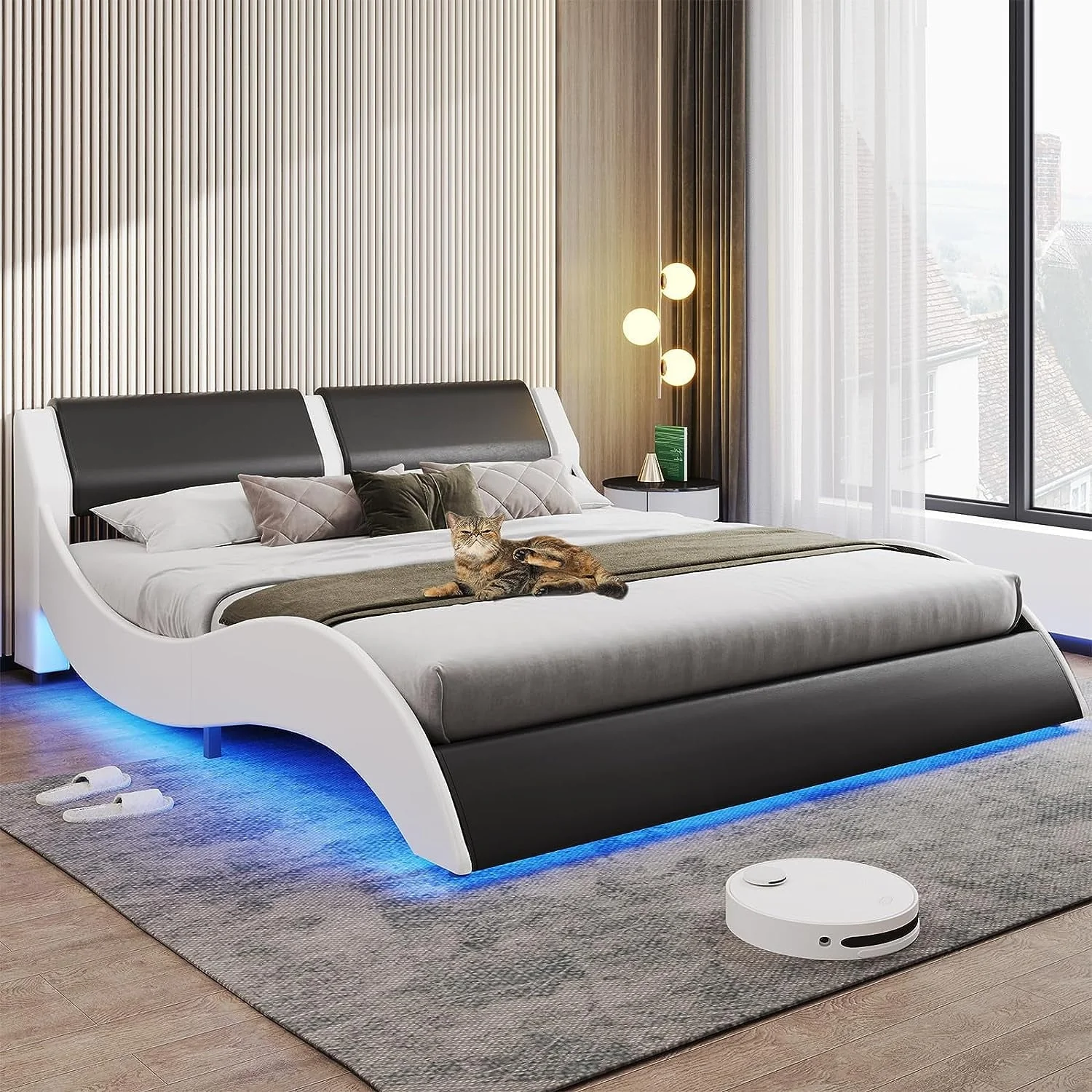 Queen Size Bed Frame with LED Lights,Modern Platform Bed Frame with Upholstered Headboard,Faux Leather Wave Like Low Profile Bed Frame,No Box Spring Needed,Black