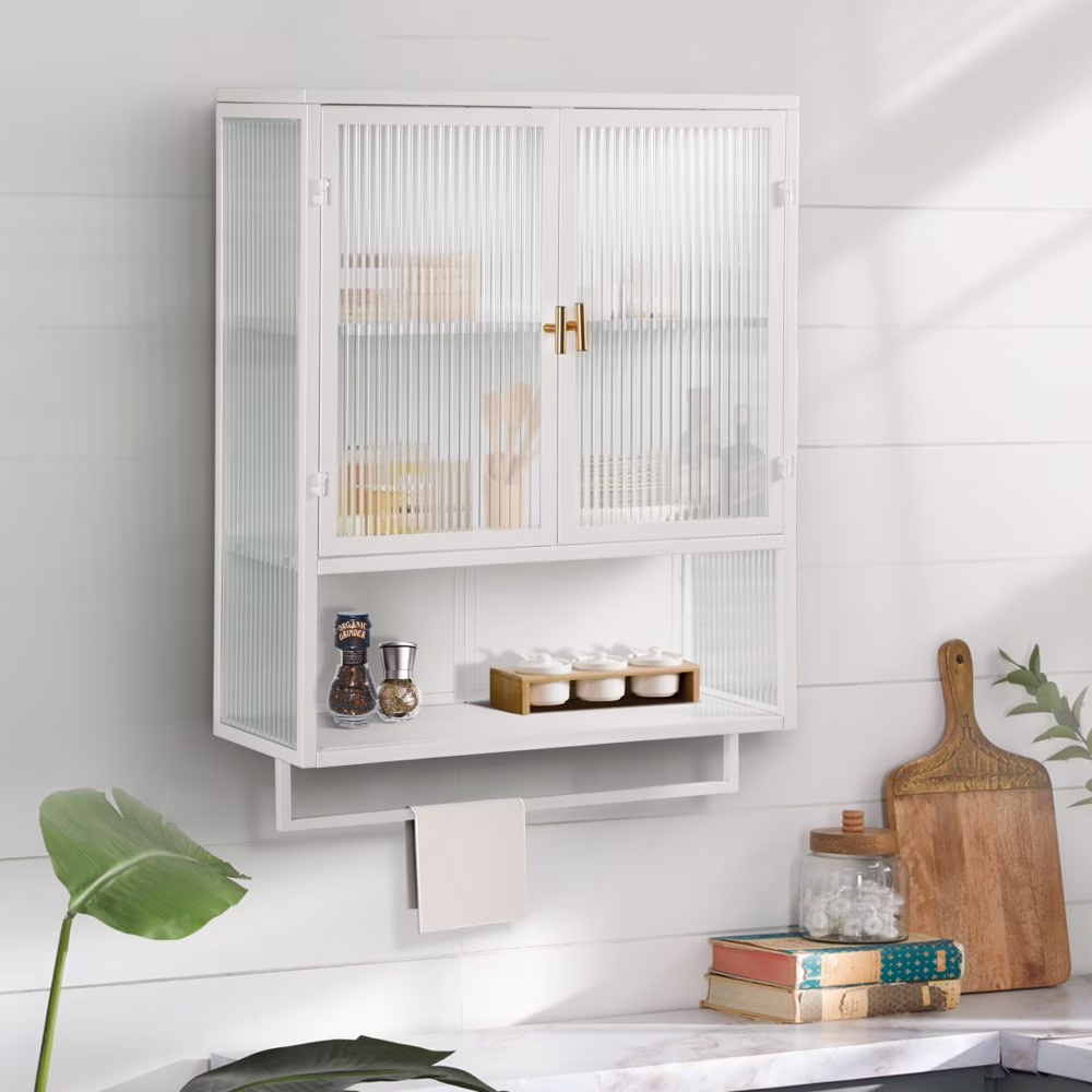 Tcbosik Modern Metal Wall Storage Cabinet with 2 Glass Door and Detachable Shelf, Open Shelf, and Towel Bar, Vintage Cabinet for Kitchen Dining, Bathroom, Living Room, White