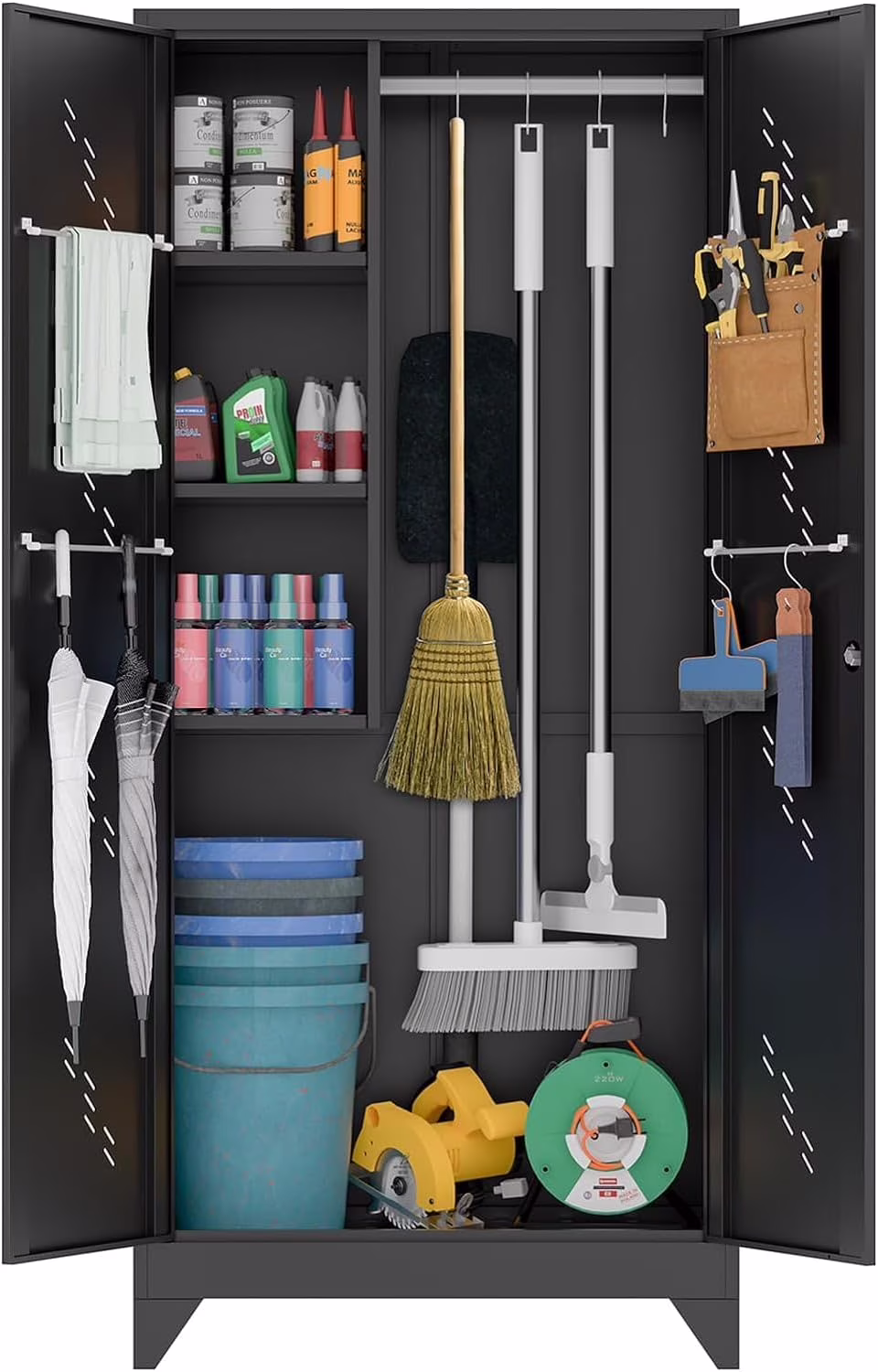 Metal Storage Cabinet with Locking Doors & Shelves, Outdoor Storage, Heavy Duty Cleaning Tool Organizer for Garage, Office, Warehouse