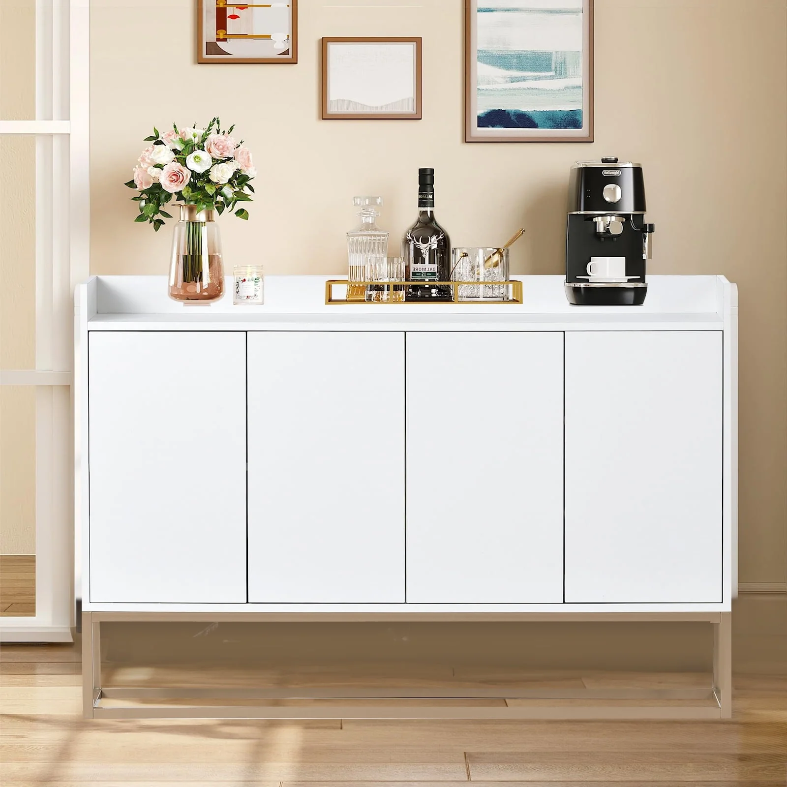 Storage Cabinet, Farmhouse Buffet Sideboard, Buffet Cabinet, Storage Cabinet with 4 Rattan Doors and Adjustable Shelves, Heavy Duty Cabinet Furniture for Living Room Kitchen Dining Room, White