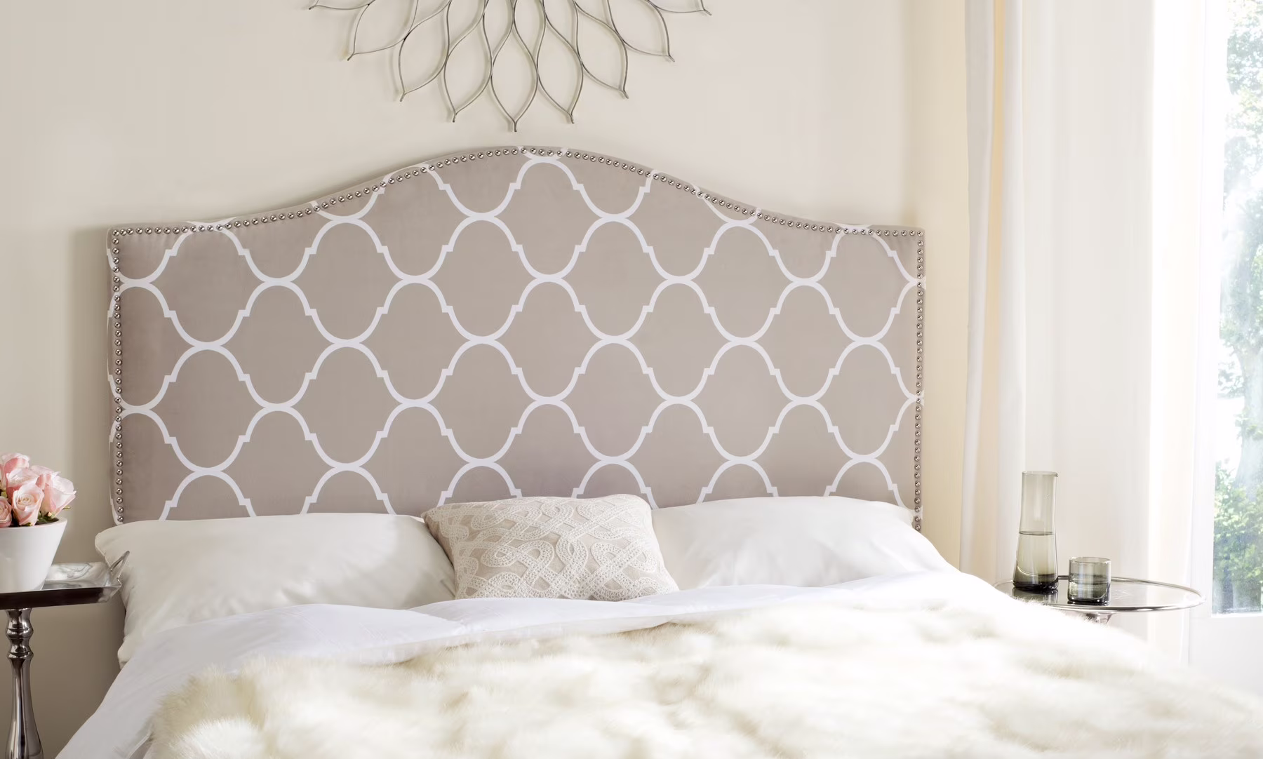 Safavieh Connie Classic Upholstered Headboard with Nail Heads, Queen, Pearl Grey