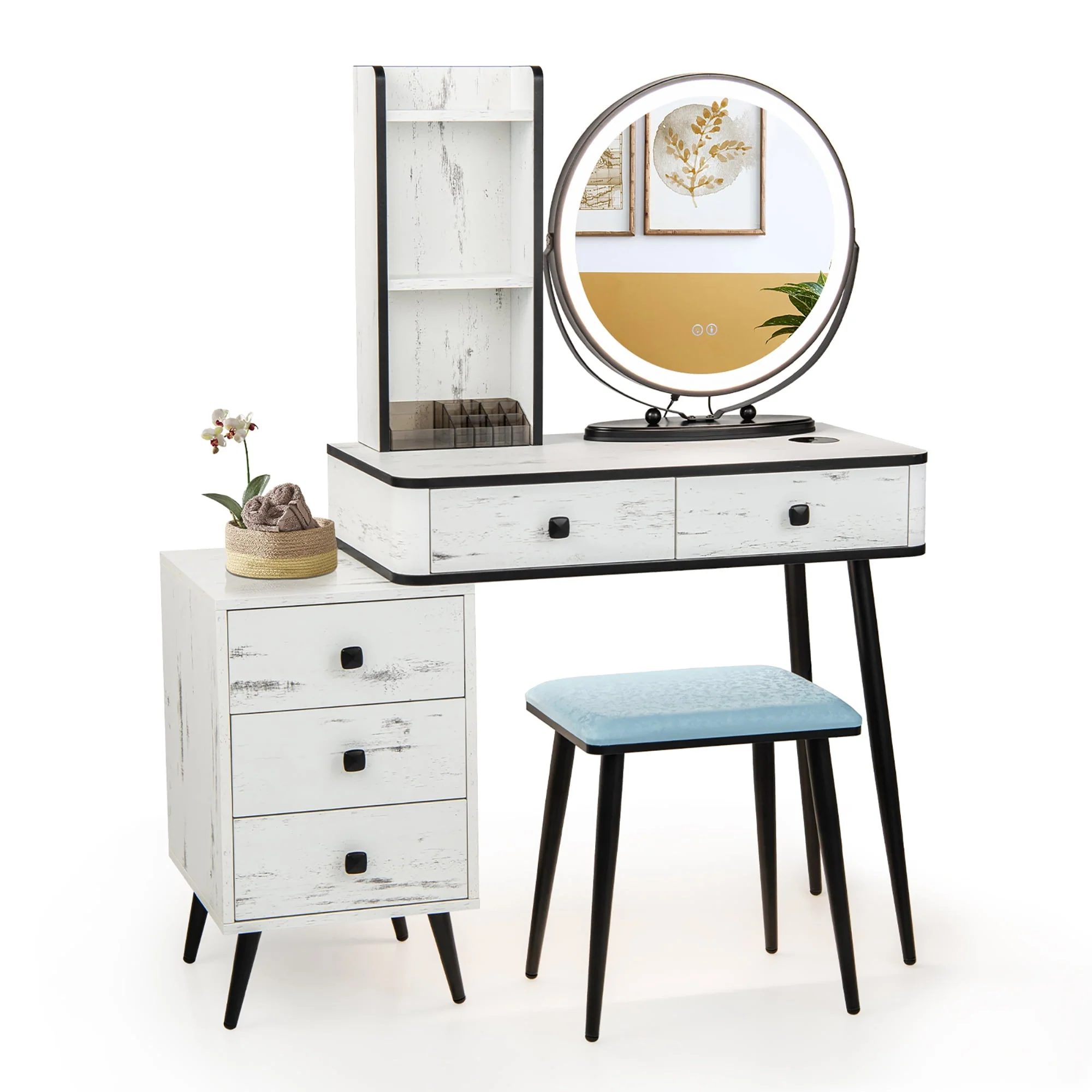 Costway Vanity Makeup Table Set 3-Color Dimmable Human Body Induction LED Light White