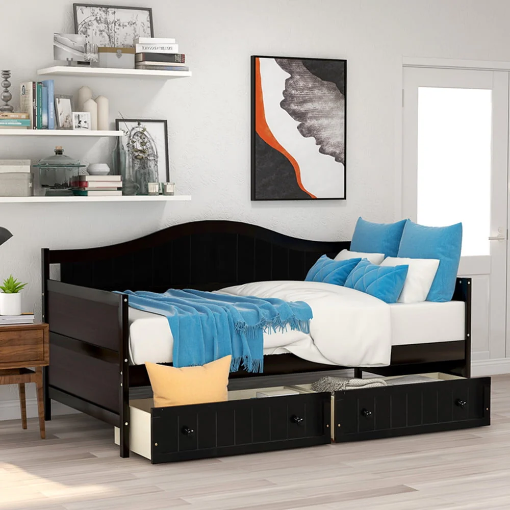 Daybed with 2 Drawers, Twin Wooden Daybed with Storage Drawers and Wood Slat Support Space-Saving Sofa Bed Multifunctional Daybed, No Box Spring Needed for Bedroom Living Room, Espresso