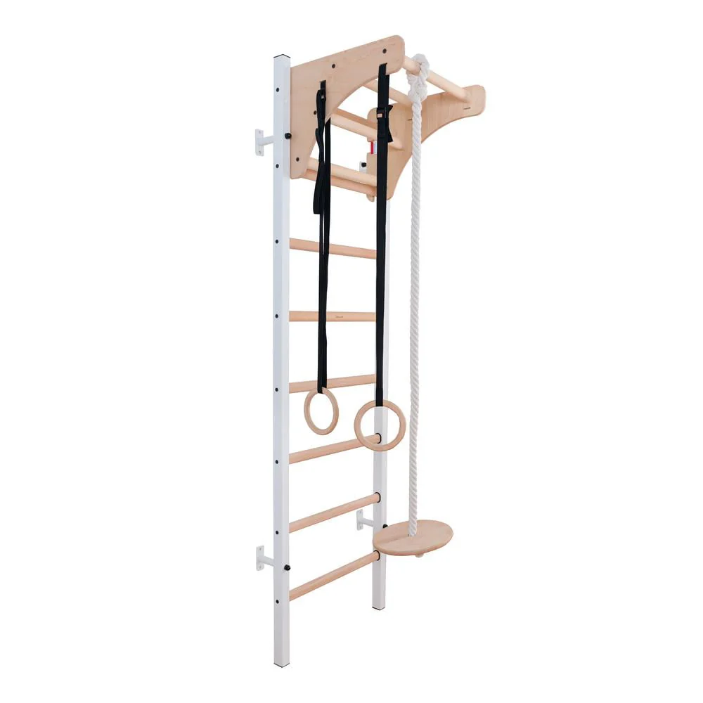 BenchK 211W + A204 White Wall bars for kids room with adjustable beech wood pull-up bar and gymnastic accessories
