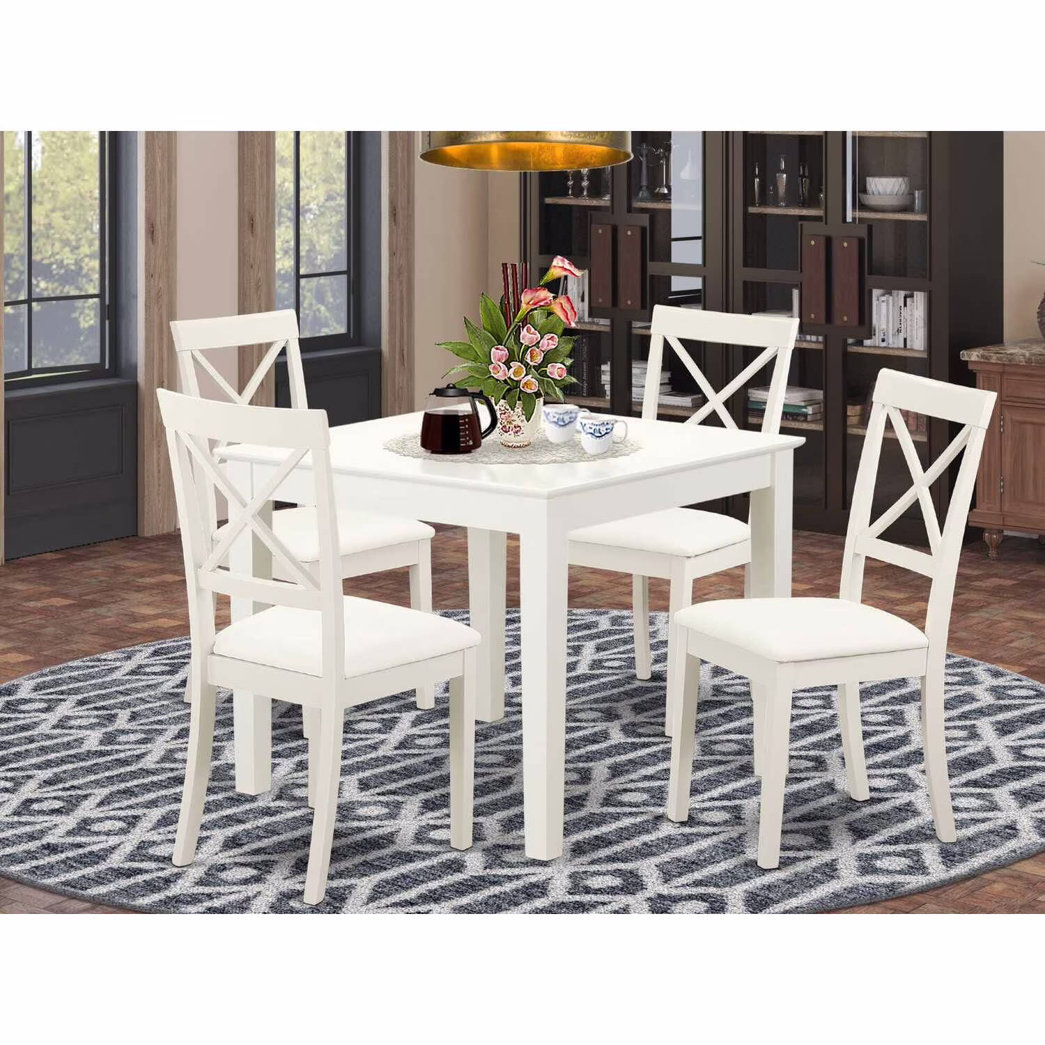 OXBO5-LWH-LC 5-Piece Dinette table set - Table and 4 faux leather seat dining chairs in linen white finish