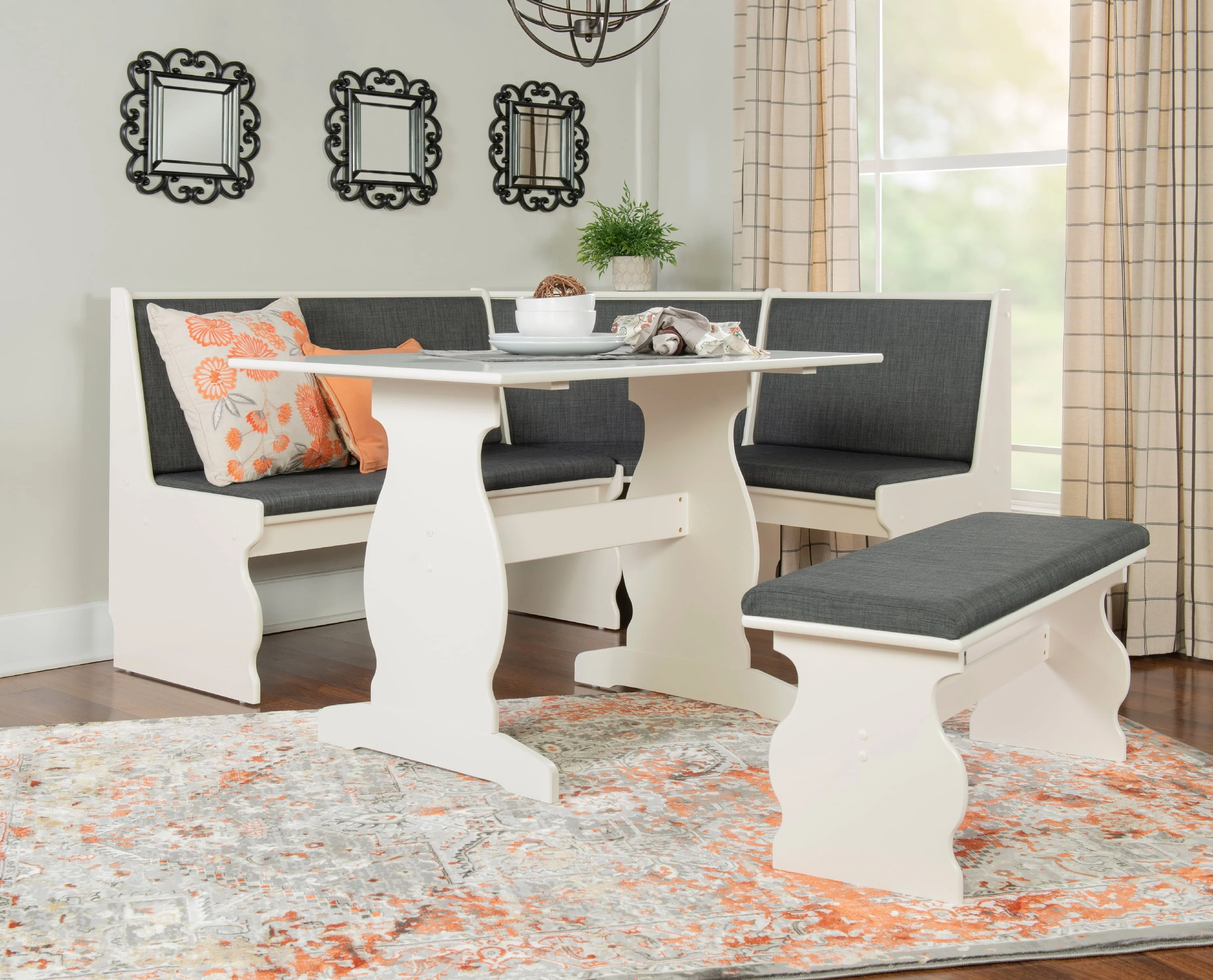 Linon Weston Corner Dining Breakfast Nook with Table and Bench, Seats 5-6, White Finish with Charcoal Fabric
