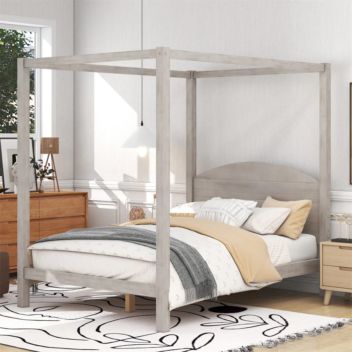 Full Size Canopy Bed with Headboard,Modern 4-Post Canopy Platform Bed Frame with Wood Support Legs and Underbed Space,Solid Wood Canopy Bed Frame for Kids Teens Adults,No Box Spring Needed,Grey
