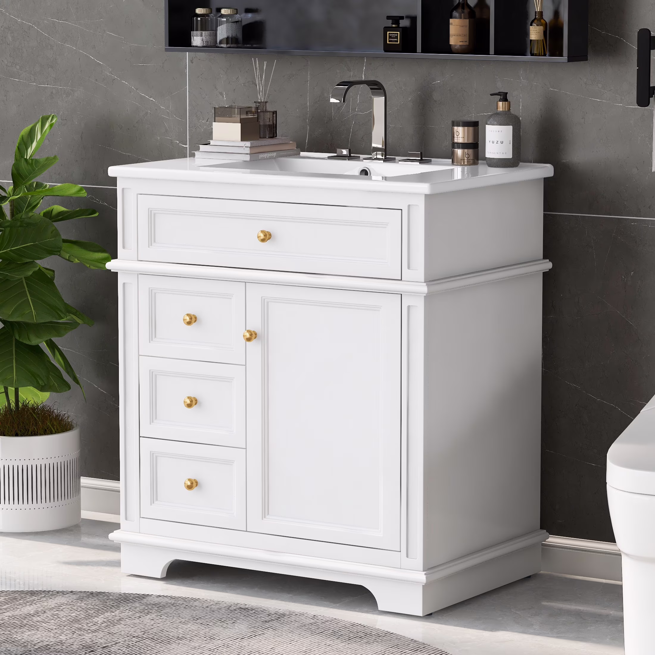 GDF Studio 30" Modern Bathroom Vanity with Sink Combo Set, 3 Drawers and A Tip-out Drawer, Door Shelf, White