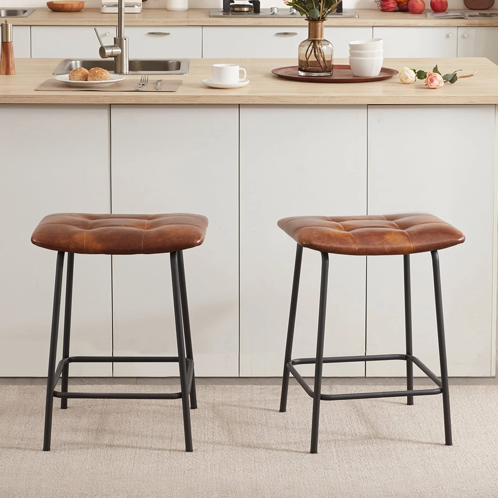 Duhome Counter Height Bar Stools Set of 2, Faux Leather Kitchen Counter Stools with Metal Legs Backless Upholstered, Yellowish Brown
