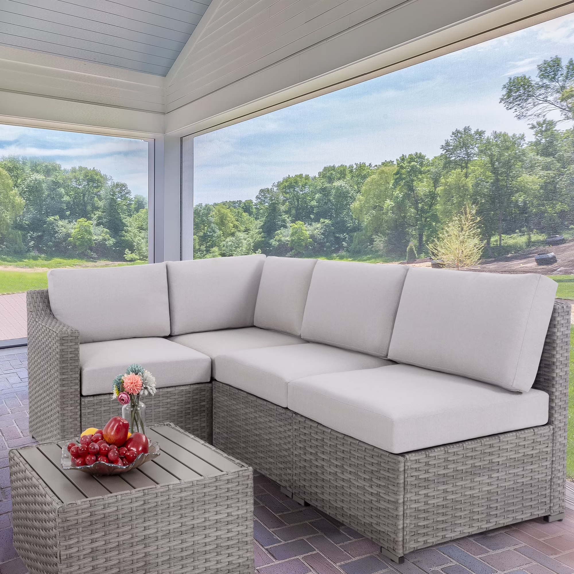 HAPPATIO 5-Piece Wicker Patio Conversation Set with Beige Cushions