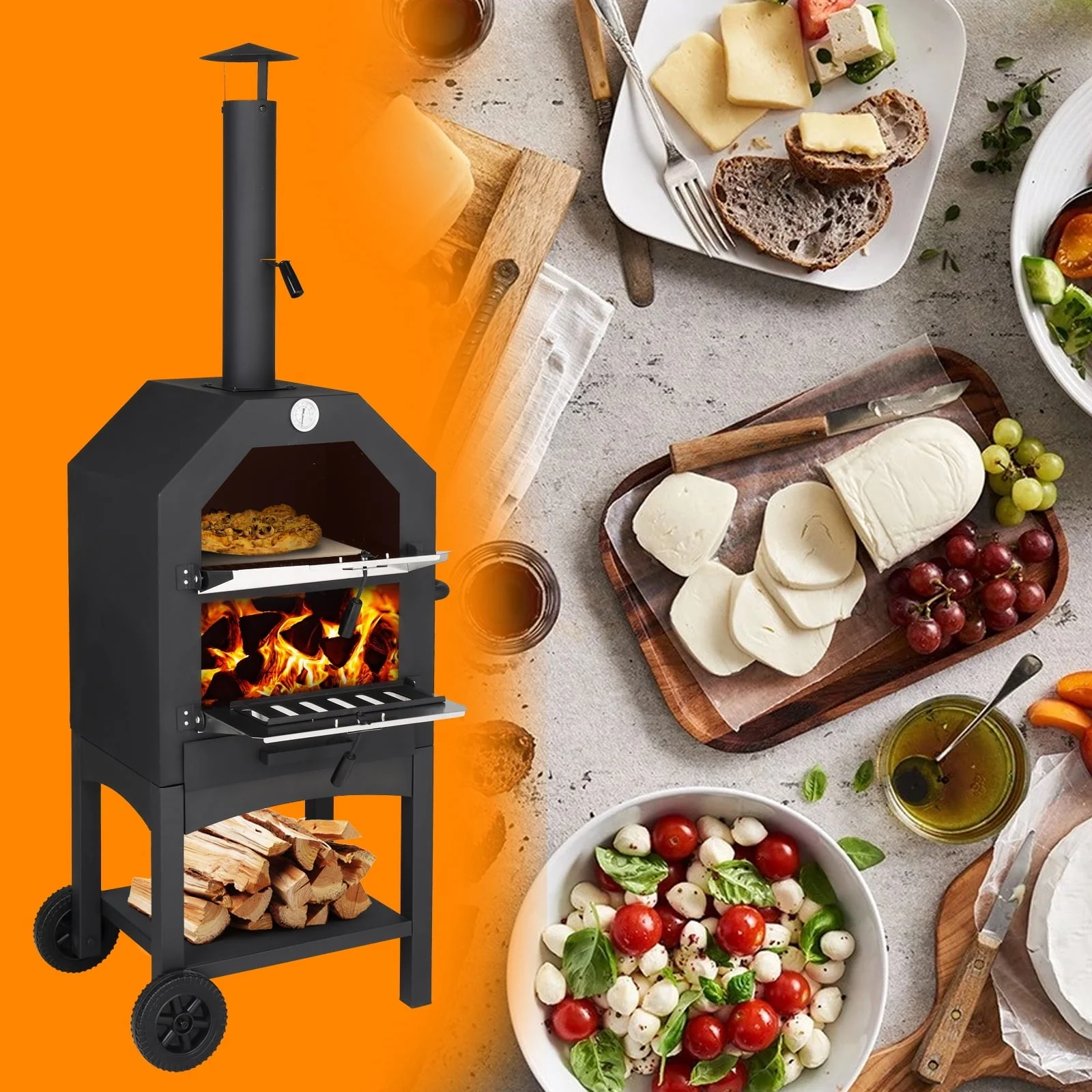SalonMore Outdoor Pizza Oven 14'' Wood Burning Patio Pizza Maker Removable w/ Pizza Stone, Pizza Peel, Grill Rack