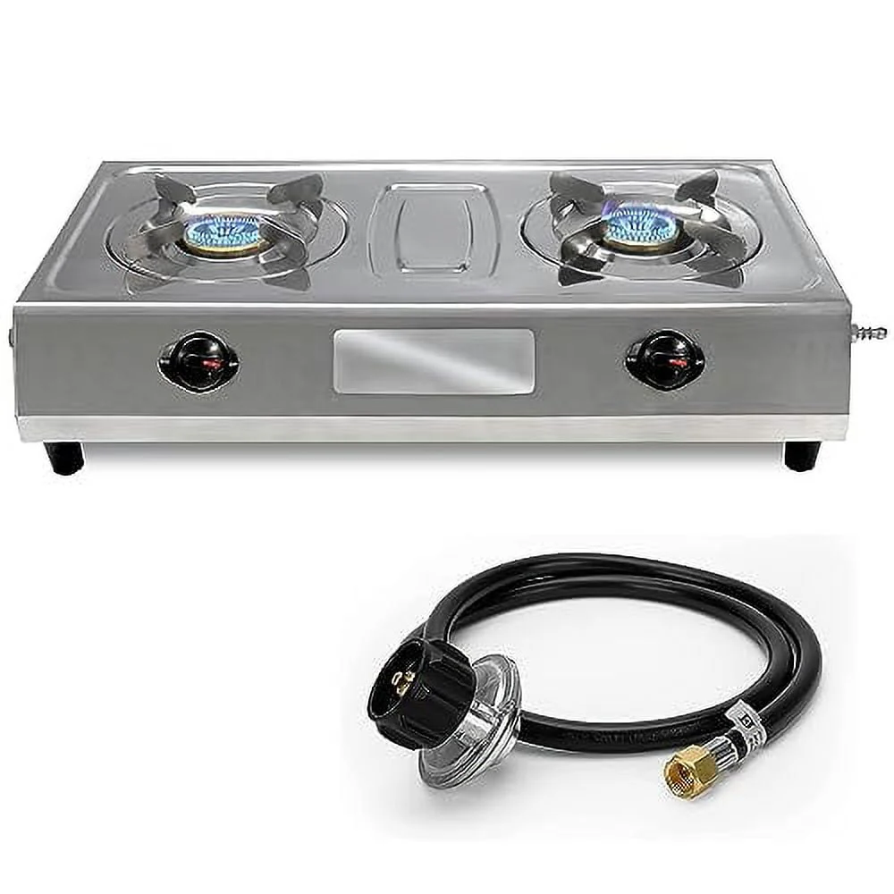 Sonret gas stove portable 2 burner, double gas stove stainless steel camping stove -propane portable cooktop indian style gas stove For Cooking Outdoor on 2 burner gas stove - With Hose & Regulator