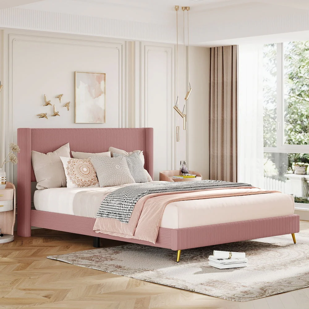 Queen Size Corduroy Platform Bed with Wingback Headboard,Wood Corduroy Platform Bed with Metal Legs and Slats Support,Upholstered Bed Frame for Kids Adult Bedroom,No Box Spring Needed,Pink