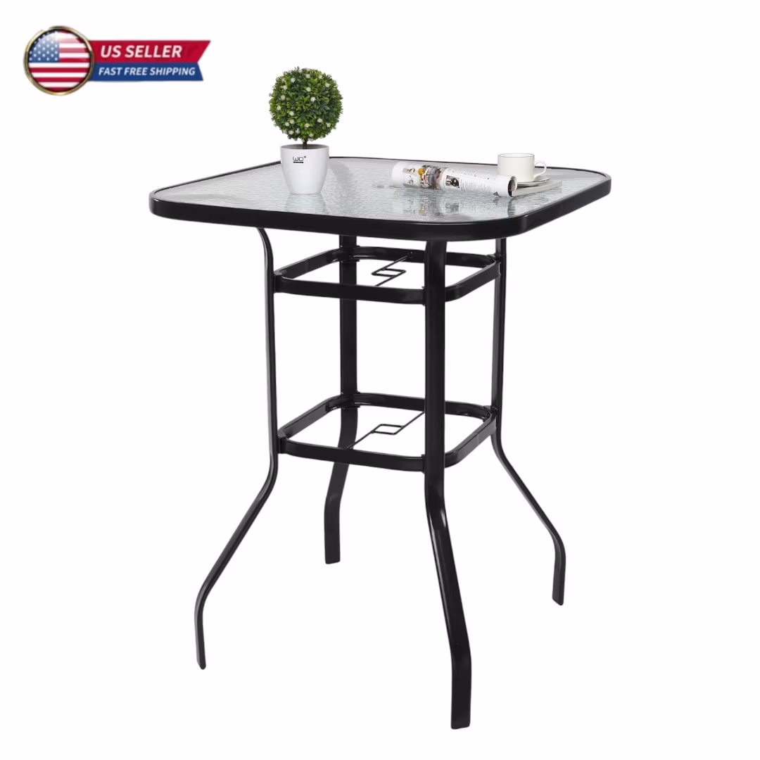 IVV Outdoor Patio Bar Height Bistro Table w/ Tempered Glass Top & 1.8" Umbrella Hole & Metal Frame, 31.5"L x 31.5"W x 39.8"H, Black & Clear