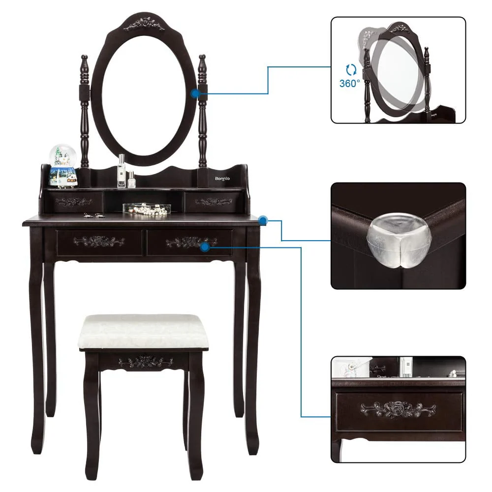 UBesGoo 4 Drawer Vanity Makeup Dressing Table Set w/Stool&Mirror Jewelry Wood Brown