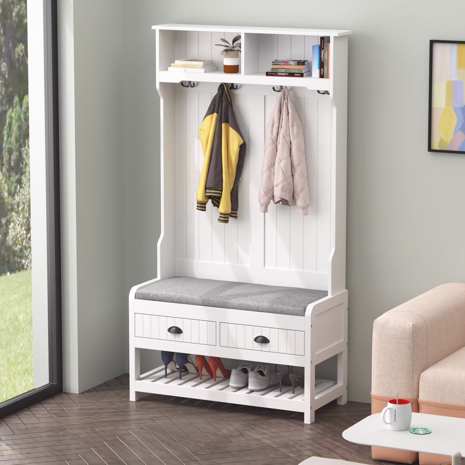 KULAGAGA 3-in-1 Hall Tree Storage Bench and Coat Rack with 4 Steel Double Hooks White