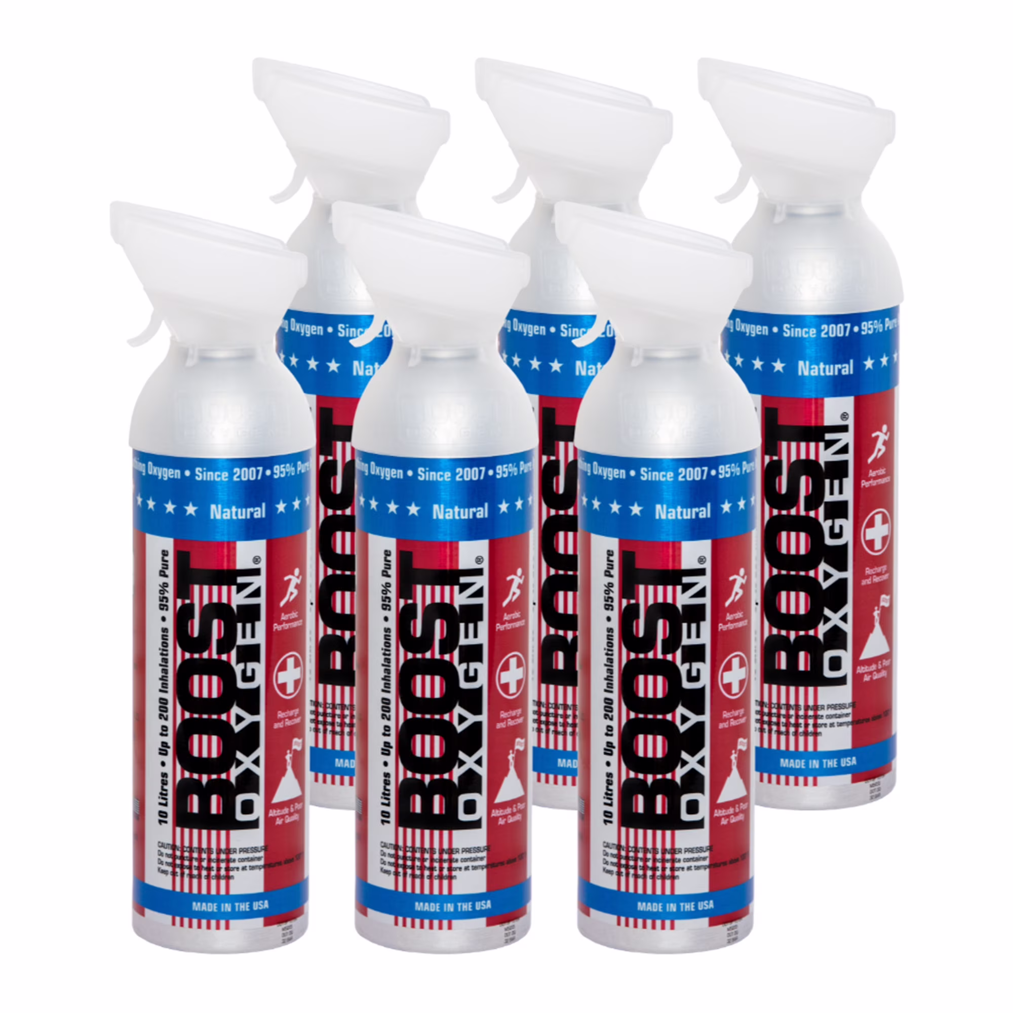 6 Pack 10L Boost Oxygen Stars/Stripes Pure Canned Oxygen Canister, Natural