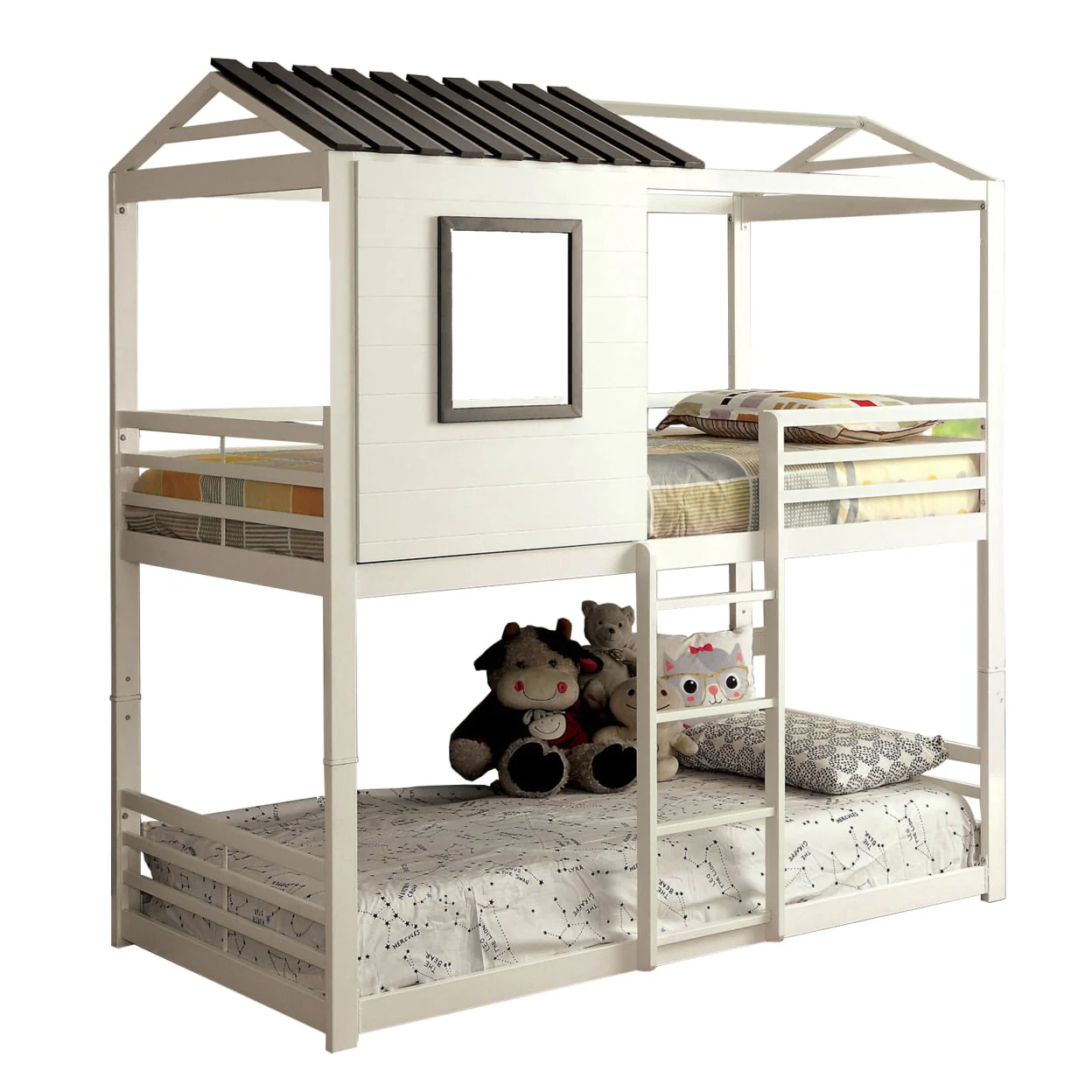 Twin Over Twin Stackable Metal Bunk Bed with Ladder, White and Gray- Saltoro Sherpi