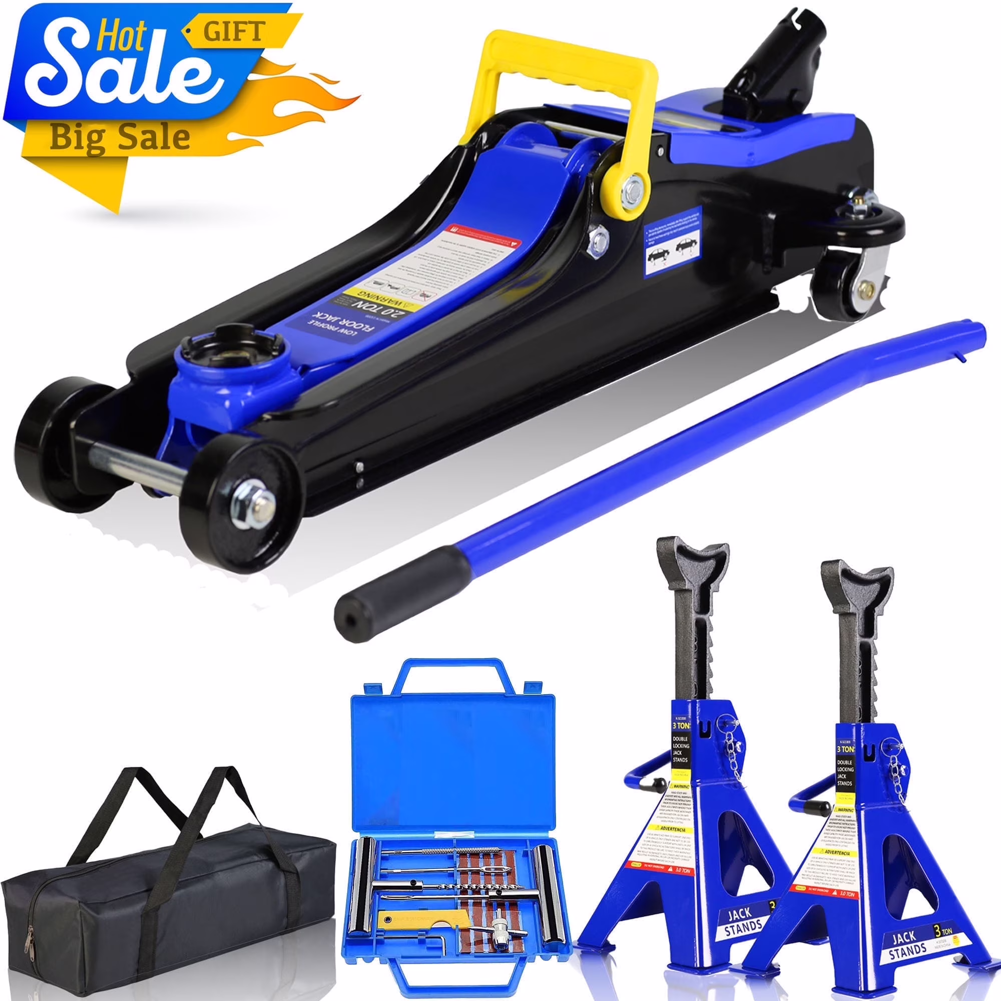 POVANLI Floor Jack, 2 Ton Low Profile Floor Jack, 3t jack stand Tire Repair Kit Heavy Duty Steel Racing Floor Jack with Single Piston Quick Lift Pump, Floor Jack Lifting Range 3.3"-15.2"