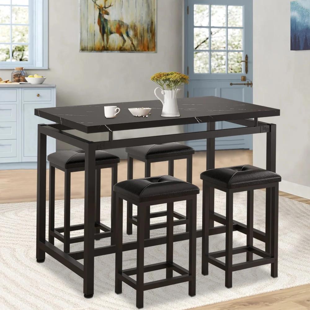 Counter Height Dining Set for 4, BTMWAY 5-Piece Bar Height Dining Room Table Sets, Faux Marble Dining Table and 4 Upholstered Chairs Set, Space Saving Metal Frame Breakfast Diner Table Set, Black