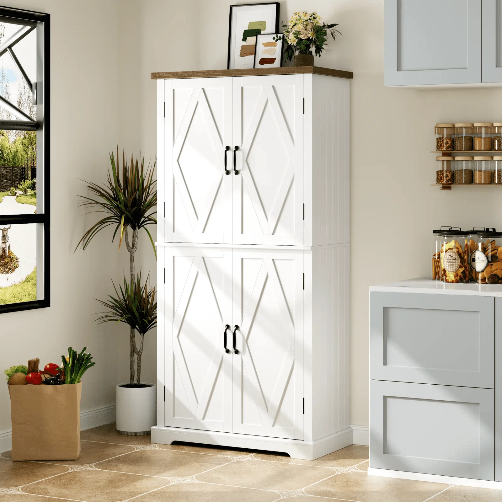 Homfa  Kitchen Pantry with 4 Doors, 64.37'' H Farmhouse Freestanding Storage Cabinet for Dining Room Living Room, White