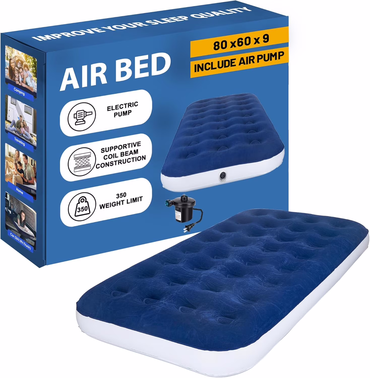 Medium Firm Air Mattress with Electric Pump, Waterproof Comfort Coil Technology Bed, Portable Multi-Purpose Sleeping