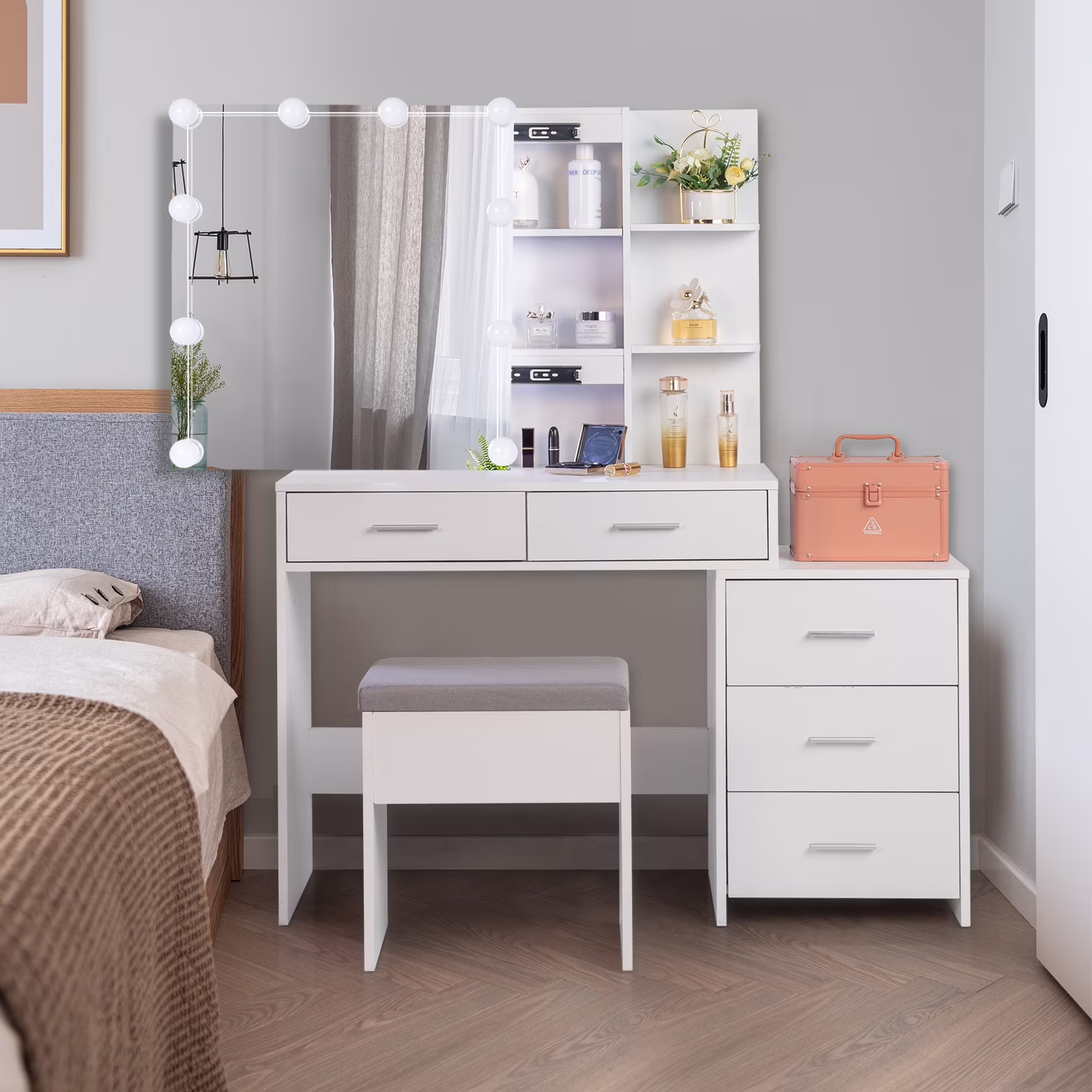 Makeup Vanity with Mirror Cabinet, Lighted Makeup Vanity Desk Set with 2 Shelves, 5 Drawers, 3-Color Light Adjustment, Dressing Table Set for Girl, Women, Princess