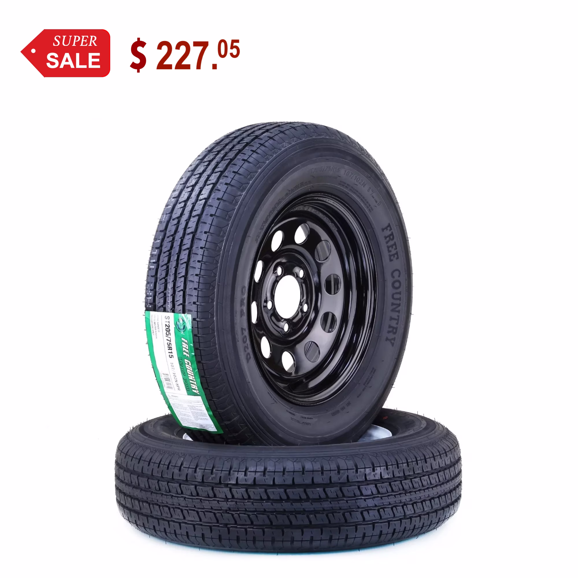 Free Country Trailer Tire Wheel Assembly ST205/75R15 8-Ply D 107M 5 Lug on 4.5" PCD Black Mod Rim ,SET 2