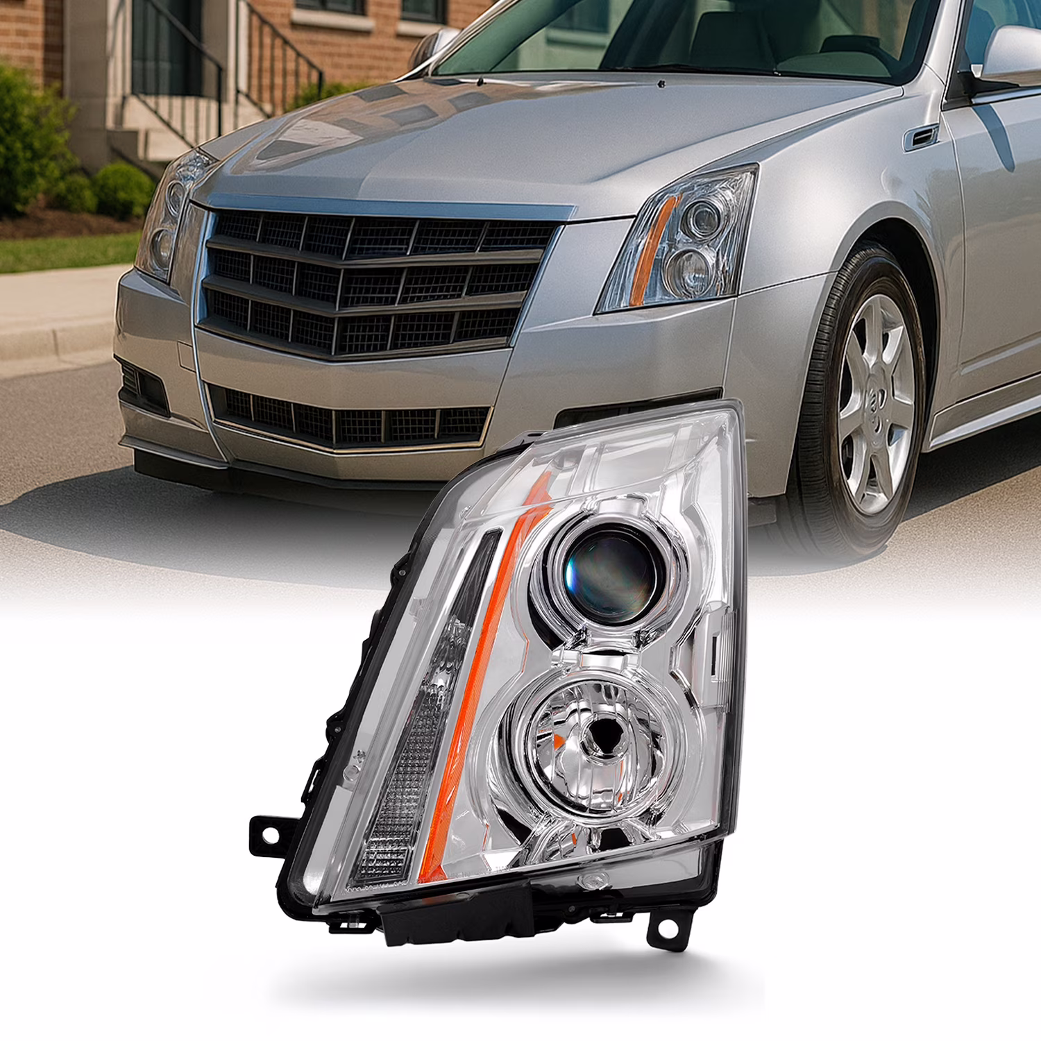 AKKON - For 2008-2014 Cadillac CTS Driver Side Projector Headlight Assembly Chrome Housing Clear Lens