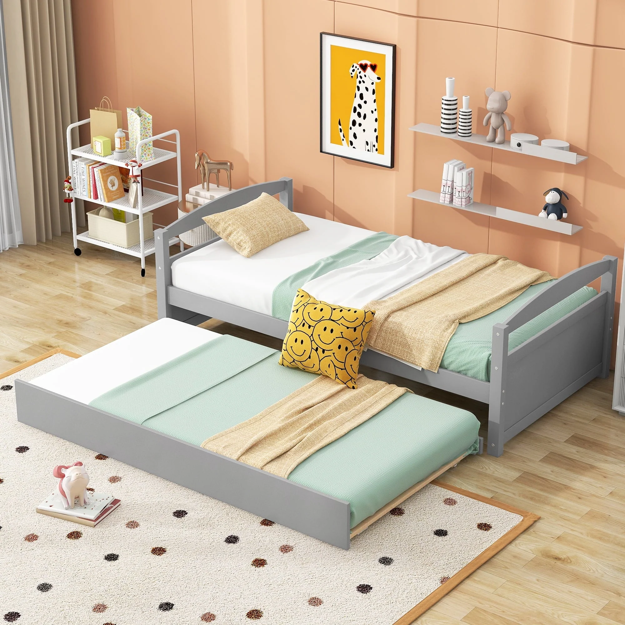 Euroco Twin Size Wooden Daybed with Trundle Bed, Gray